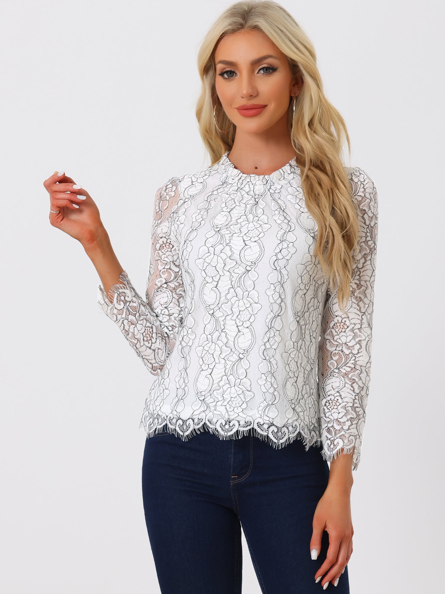 Lace Long Sleeve Ruffle Stand Neck Floral Blouse