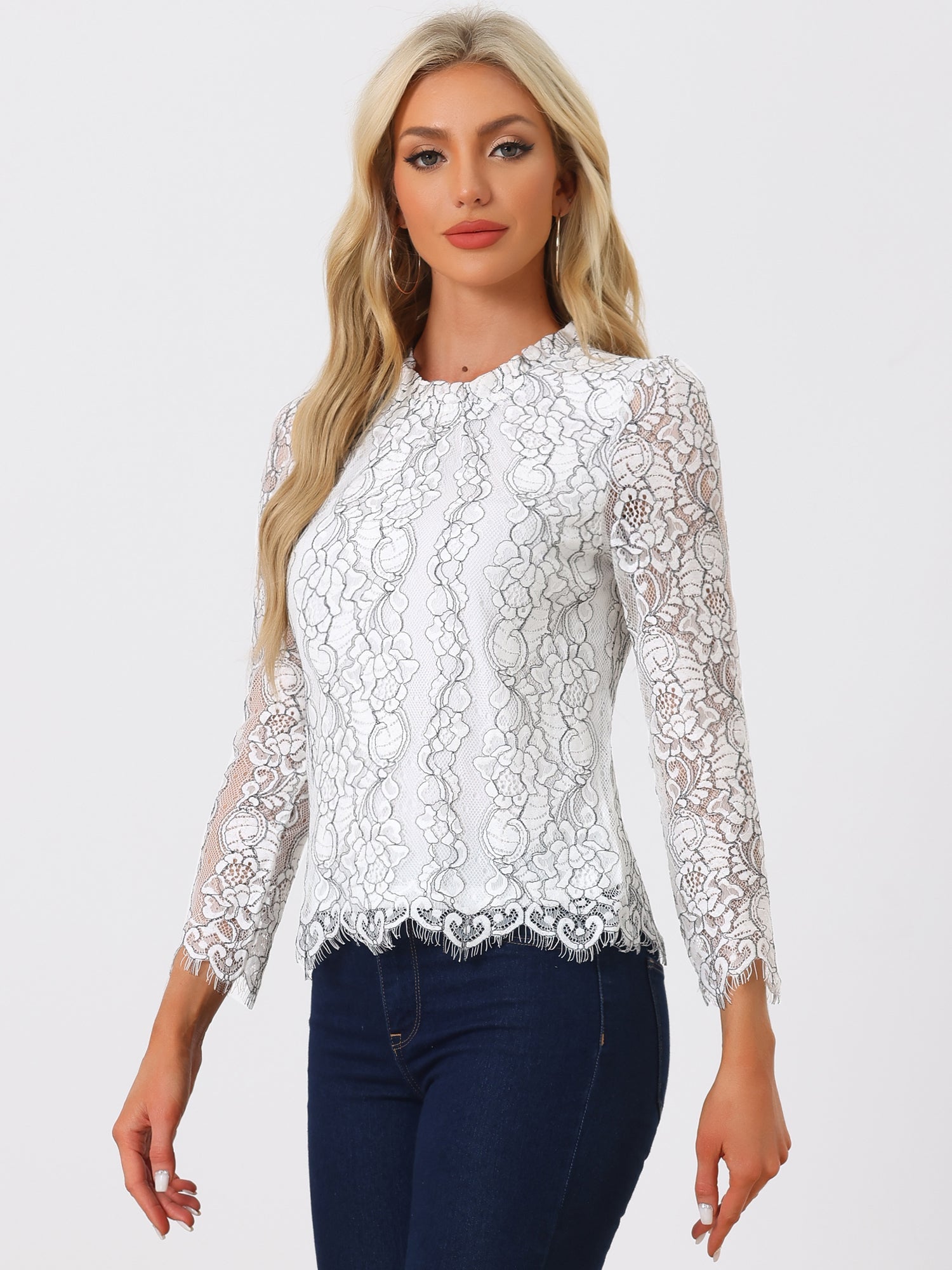 Lace Long Sleeve Ruffle Stand Neck Floral Blouse