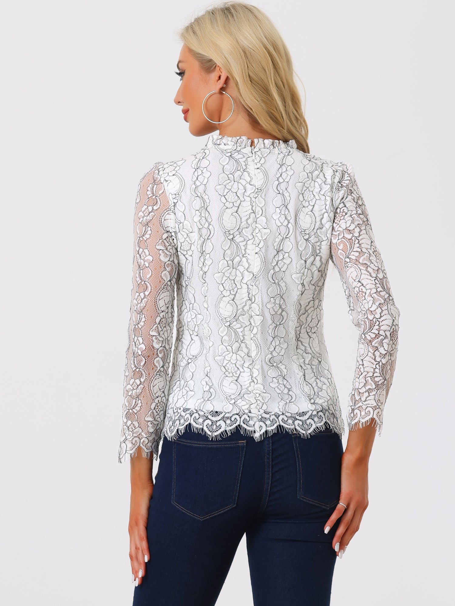 Lace Long Sleeve Ruffle Stand Neck Floral Blouse