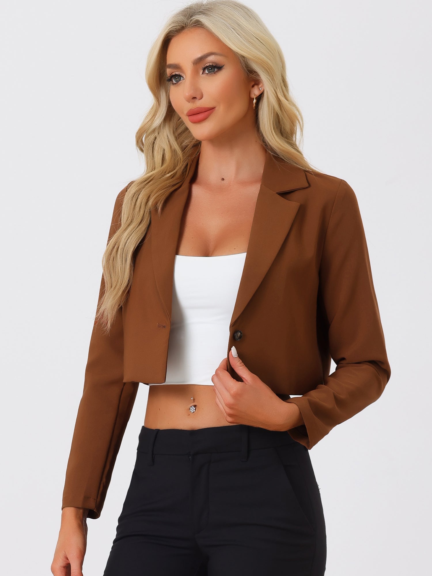 Long Sleeve Open Front Notched Lapel Business Cropped Blazer