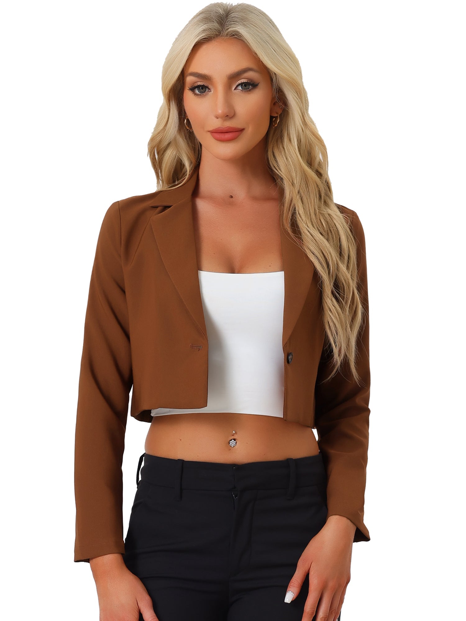 Long Sleeve Open Front Notched Lapel Business Cropped Blazer