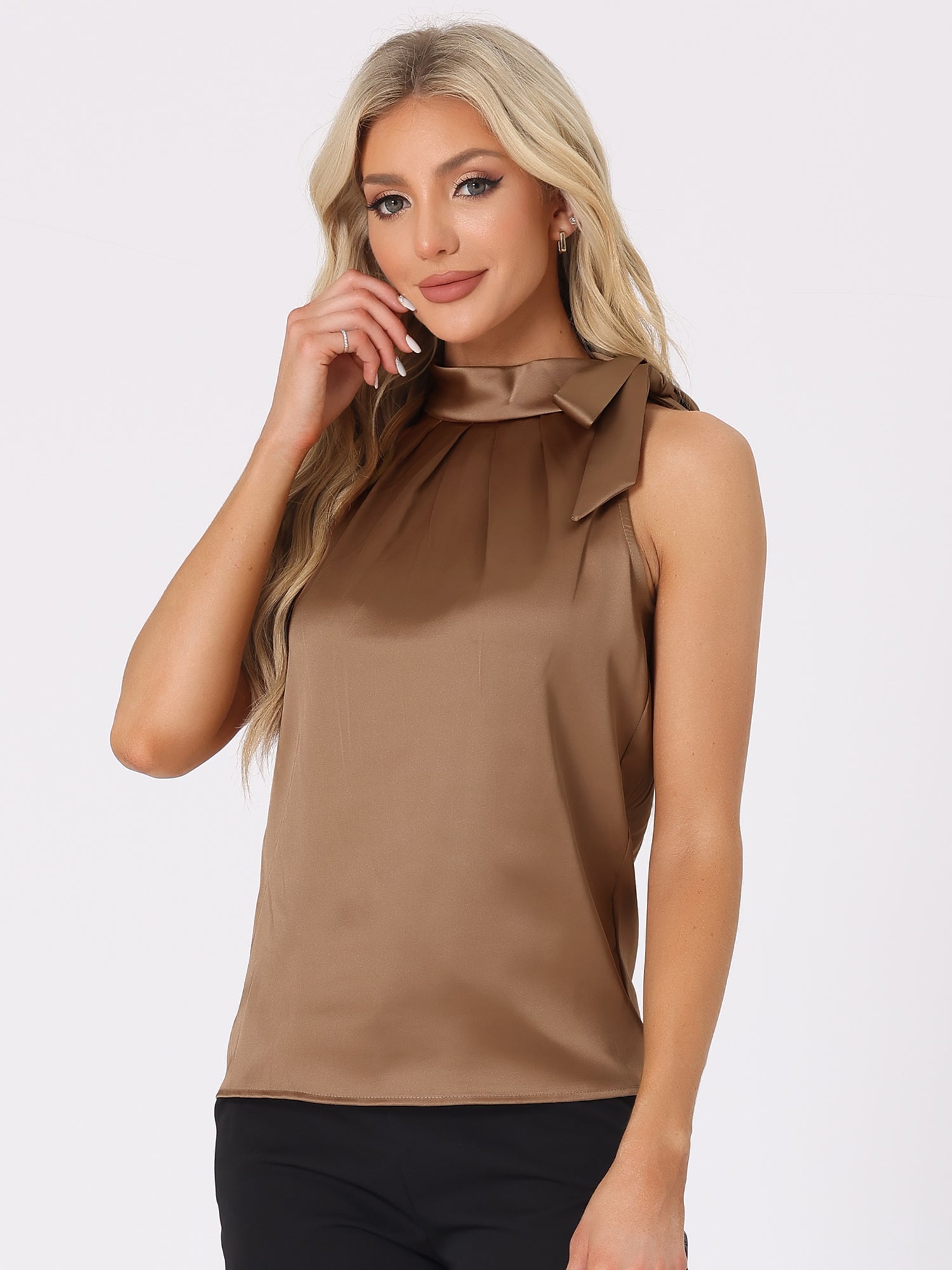 Elegant Satin Sleeveless Tie Knot Mock Neck Solid Work Blouse Top