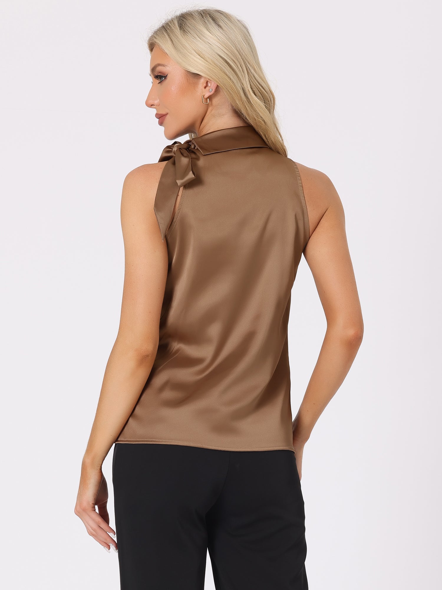 Elegant Satin Sleeveless Tie Knot Mock Neck Solid Work Blouse Top