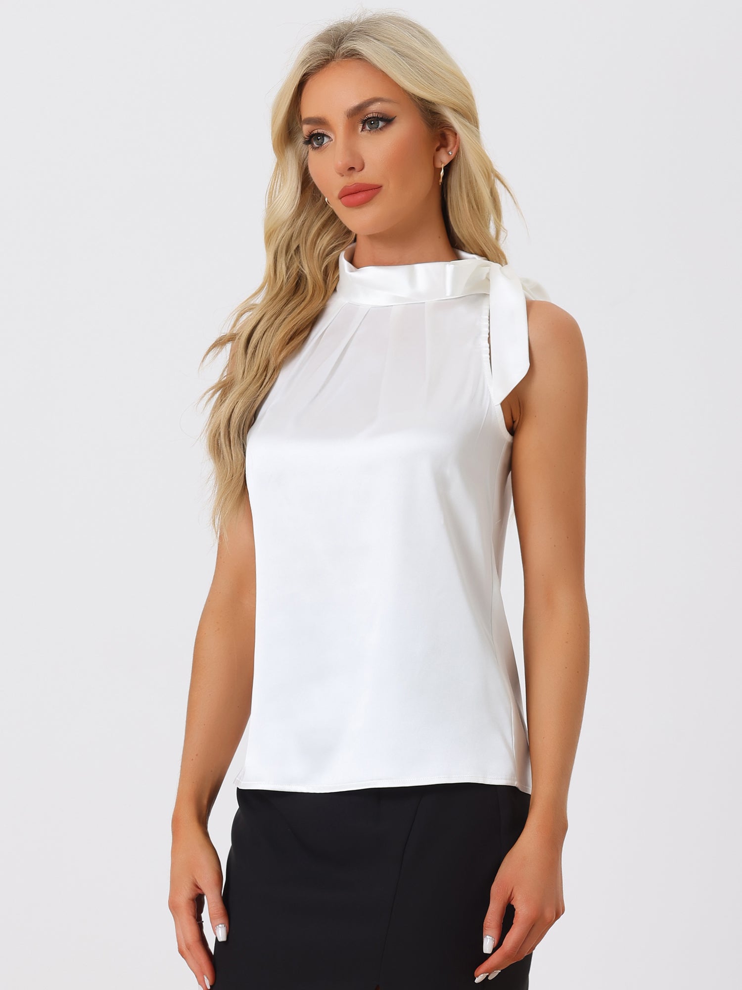 Elegant Satin Sleeveless Tie Knot Mock Neck Solid Work Blouse Top
