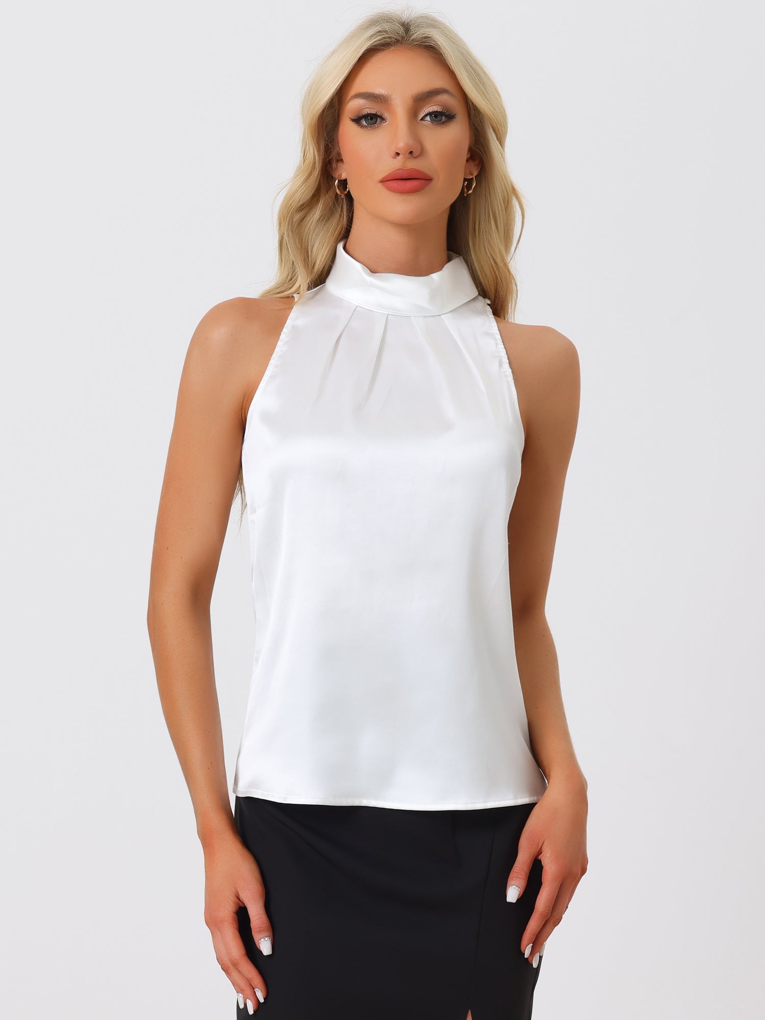 Elegant Satin Sleeveless Tie Knot Mock Neck Solid Work Blouse Top