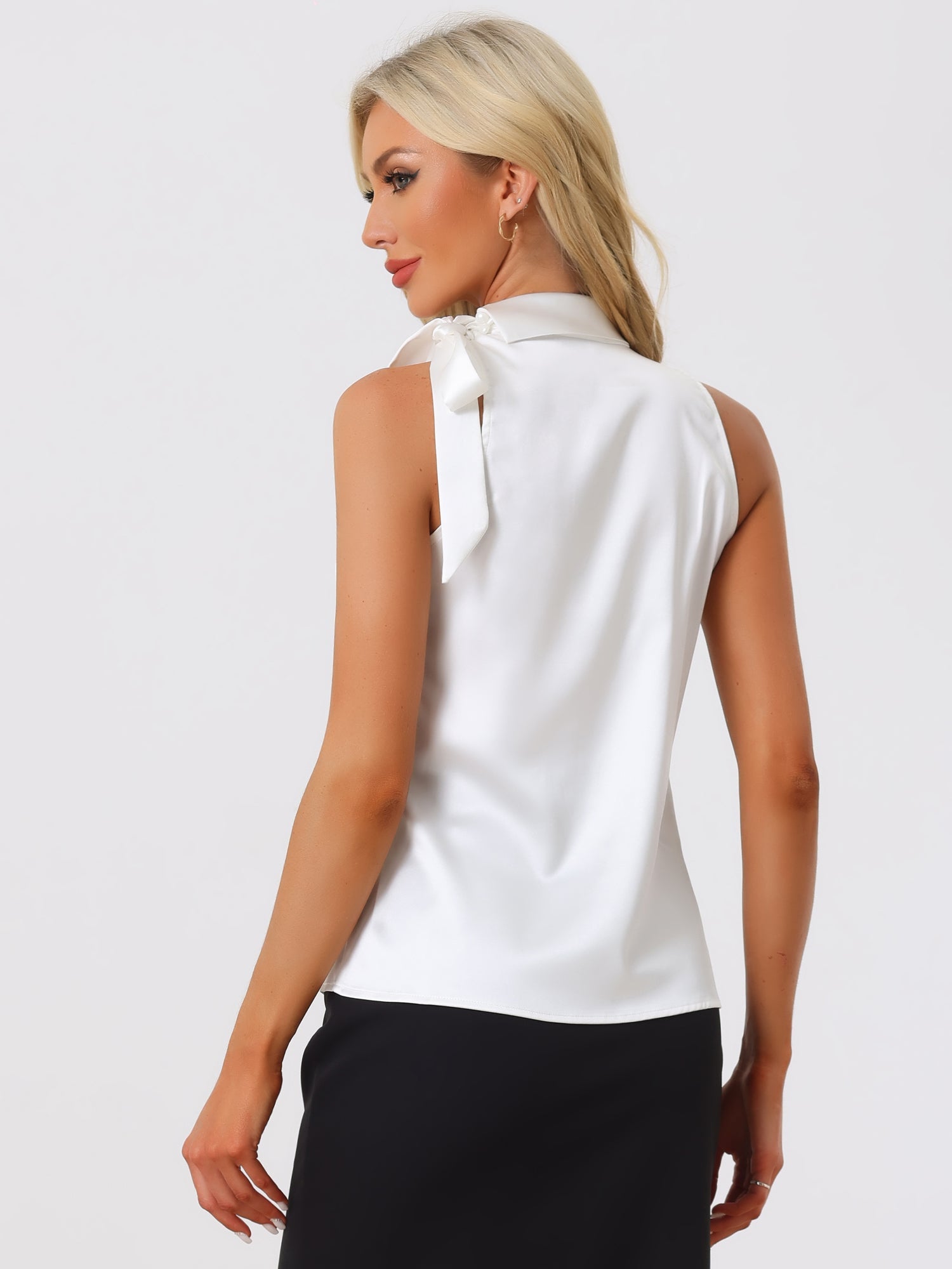 Elegant Satin Sleeveless Tie Knot Mock Neck Solid Work Blouse Top