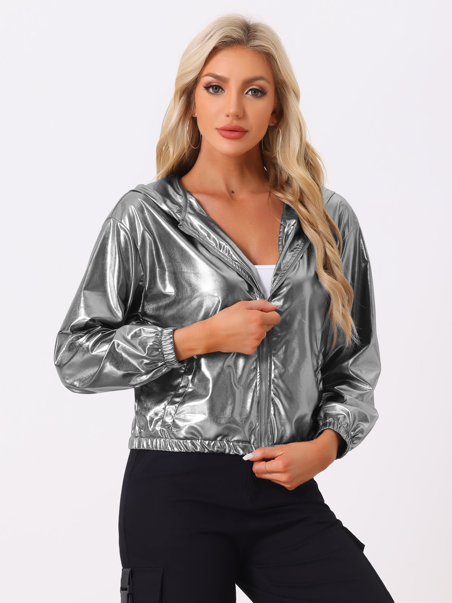 Holographic Party Shiny Lightweight Zipper Hooded Metallic Jacket
