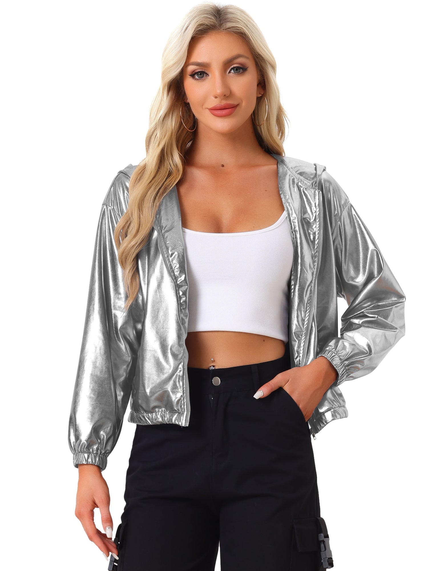 Holographic Party Shiny Lightweight Zipper Hooded Metallic Jacket