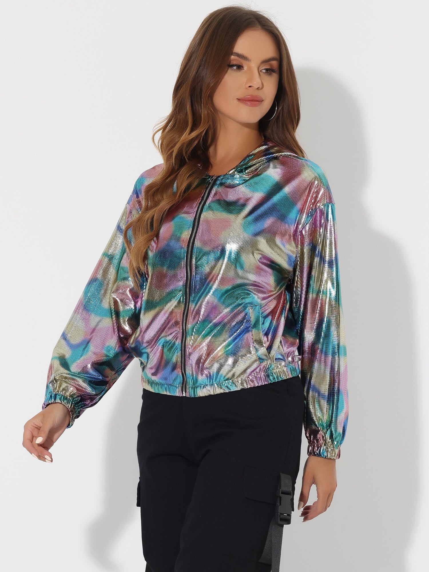 Holographic Party Shiny Lightweight Zipper Hooded Metallic Jacket