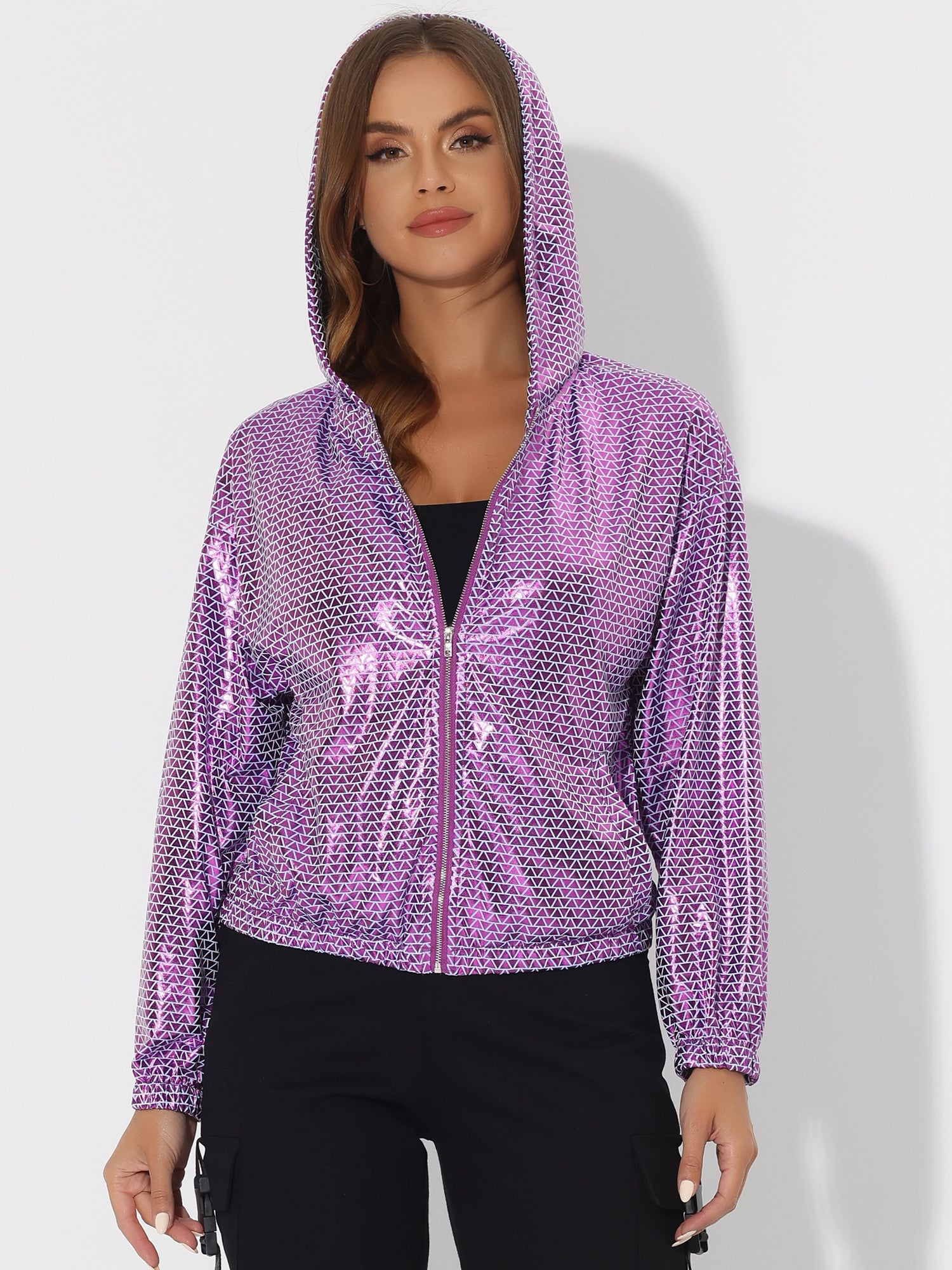 Holographic Party Shiny Lightweight Zipper Hooded Metallic Jacket
