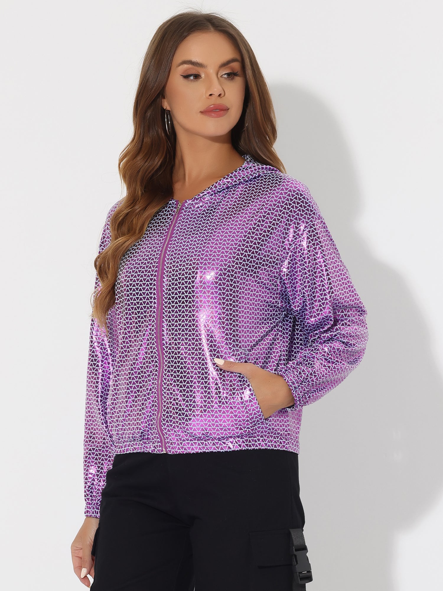 Holographic Party Shiny Lightweight Zipper Hooded Metallic Jacket
