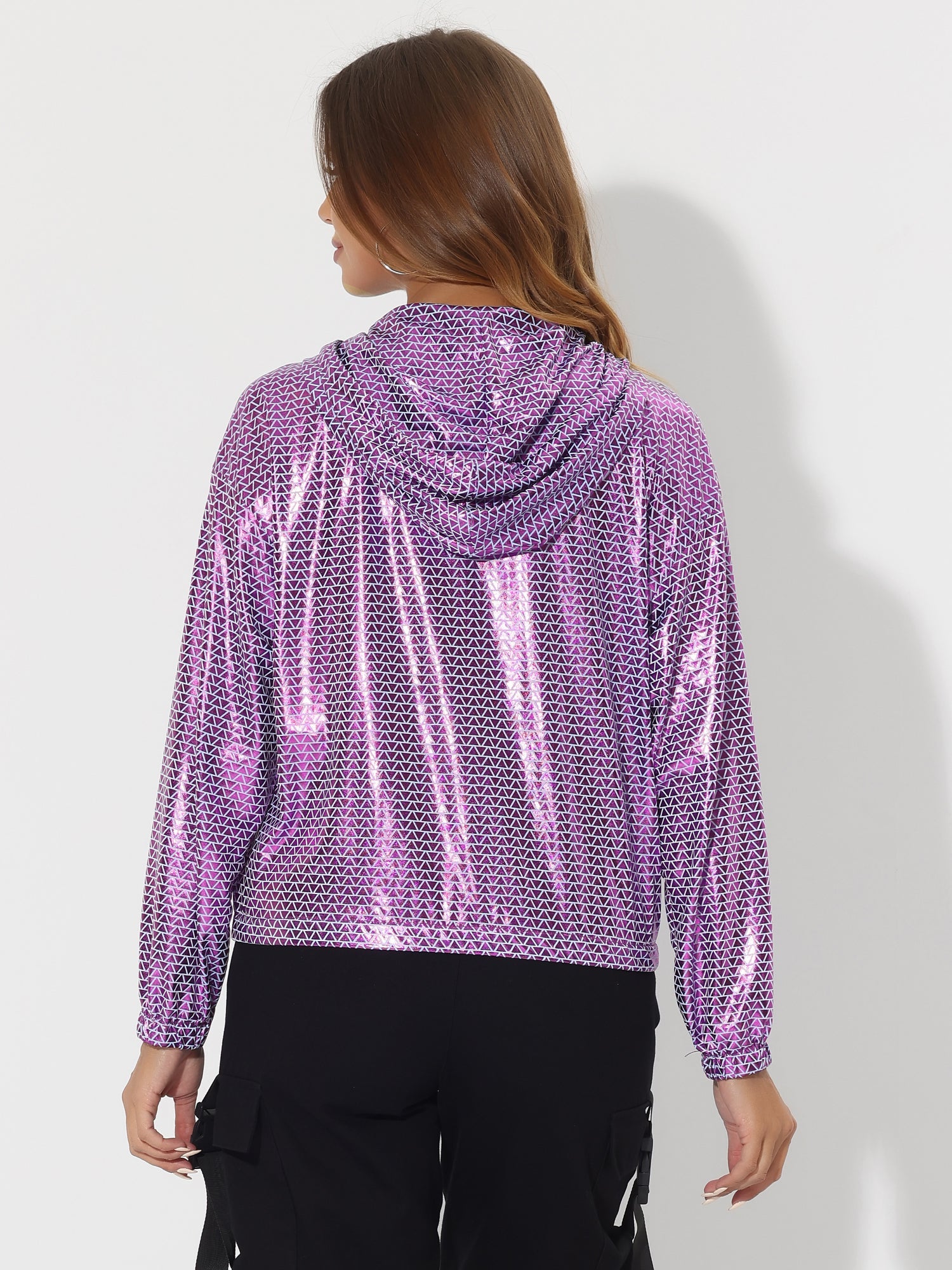 Holographic Party Shiny Lightweight Zipper Hooded Metallic Jacket