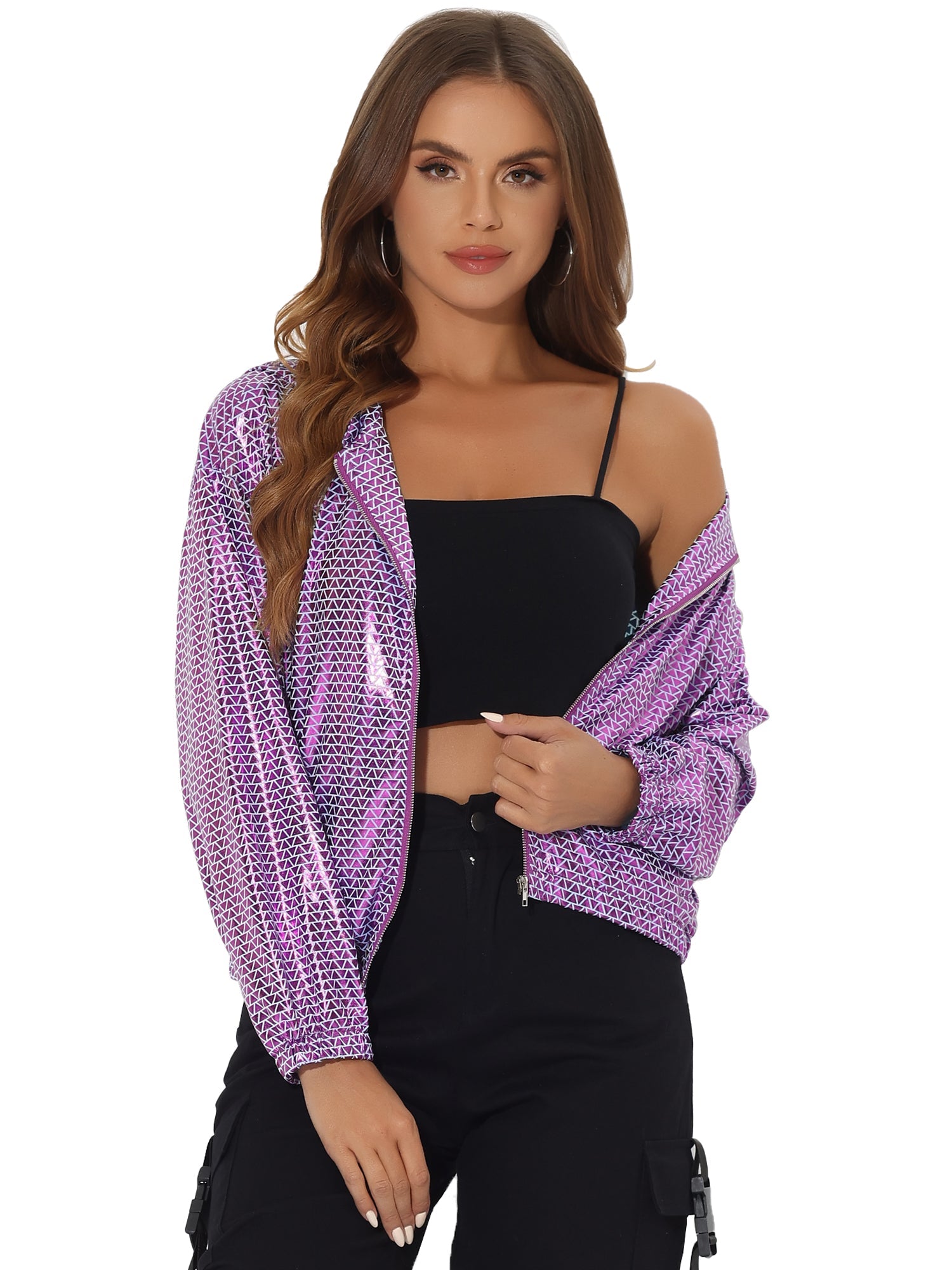 Holographic Party Shiny Lightweight Zipper Hooded Metallic Jacket