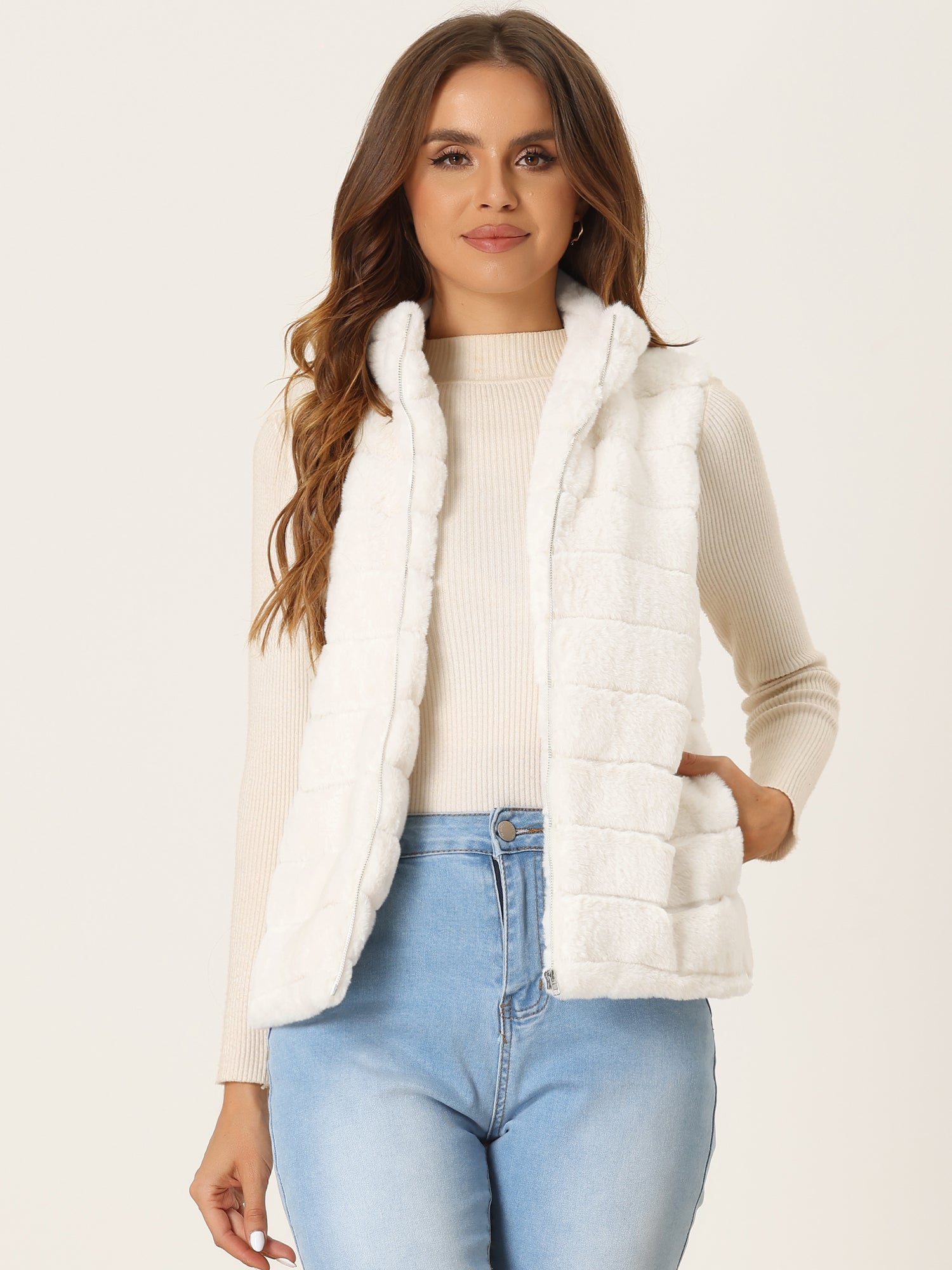 Fluffy Vest Jacket Stand Collar Sleeveless Faux Fur Coat