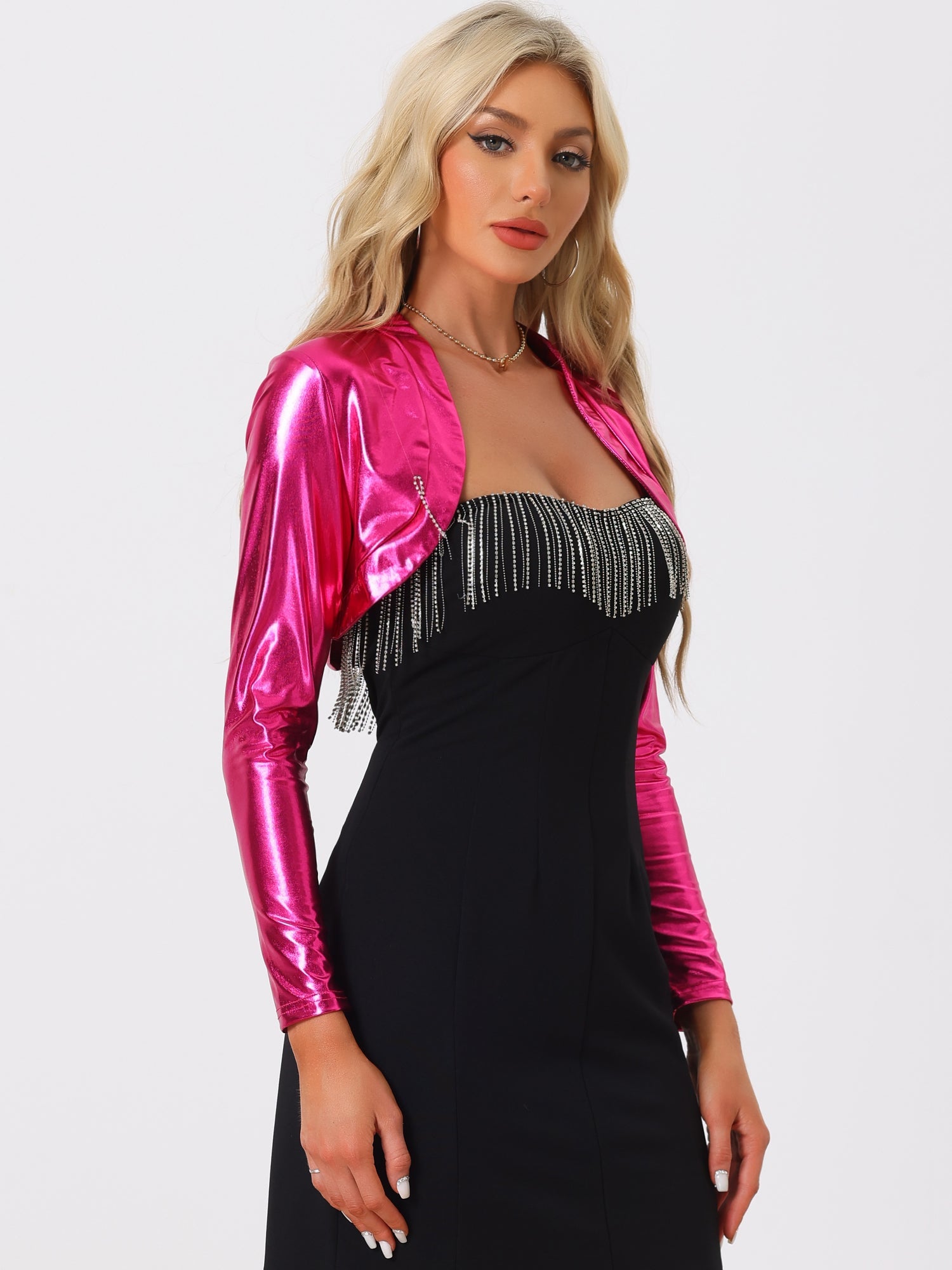 Women's Cropped Bolero Holographic Party Shimmering Shiny Lightweight Metallic Cardigan