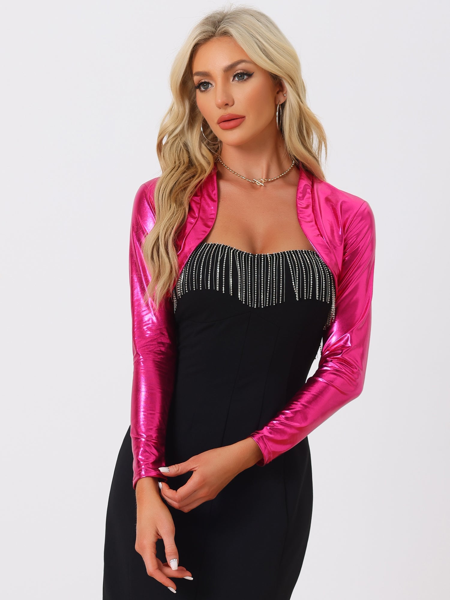 Women's Cropped Bolero Holographic Party Shimmering Shiny Lightweight Metallic Cardigan