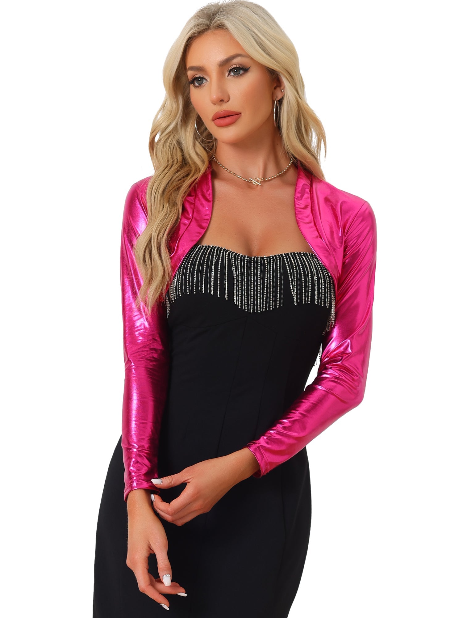 Women's Cropped Bolero Holographic Party Shimmering Shiny Lightweight Metallic Cardigan