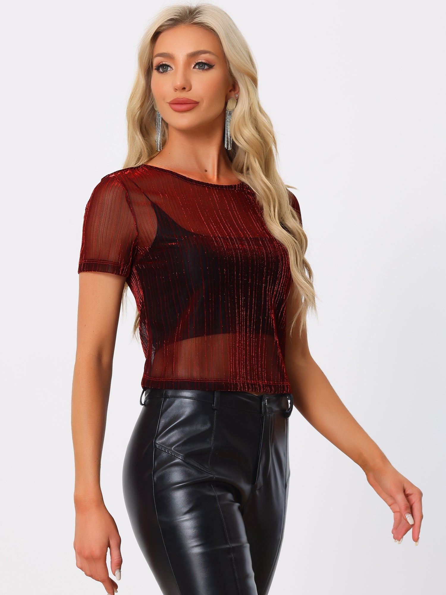 Mesh Short Sleeve Mesh Metallic Party See Through Crop Shirt