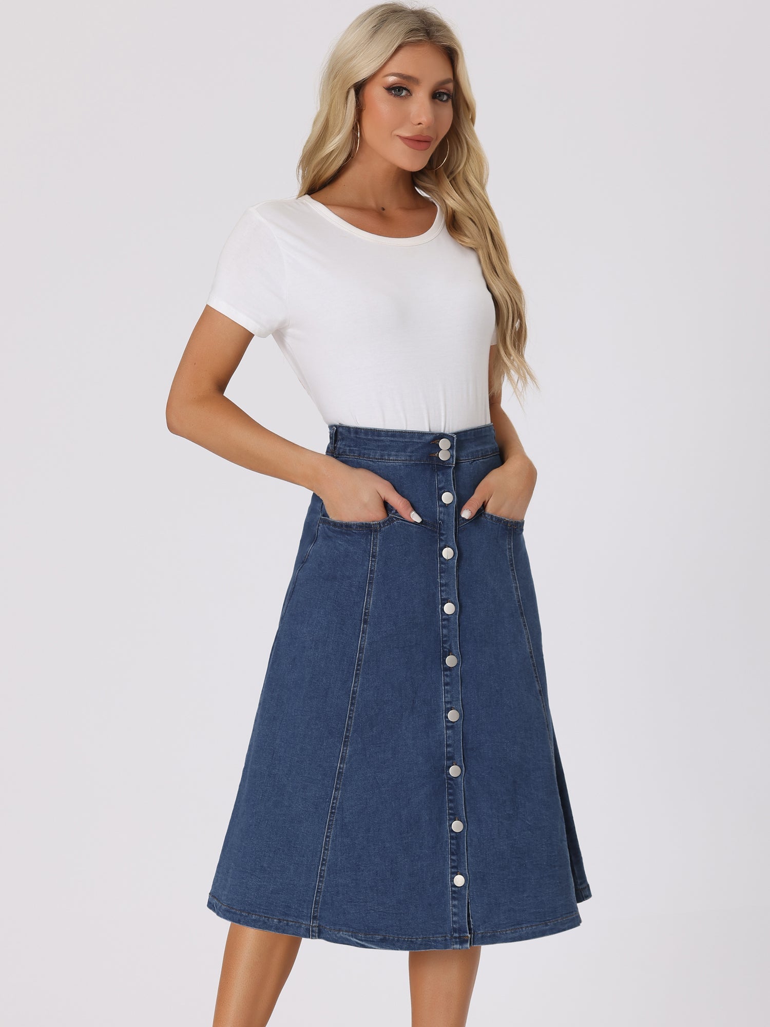 Stretchy High Waist Buttons Front A-Line Flowy Pockets Midi Skirt