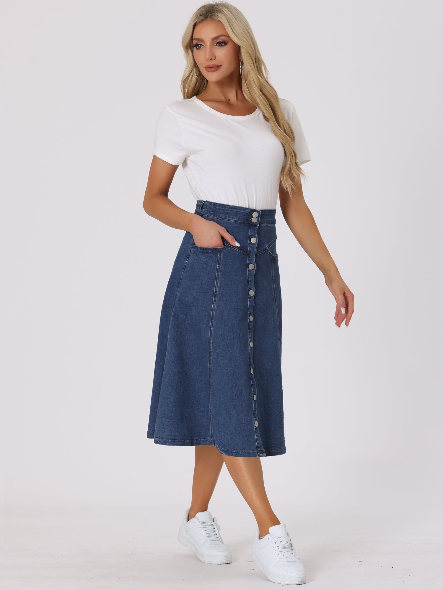 Stretchy High Waist Buttons Front A-Line Flowy Pockets Midi Skirt