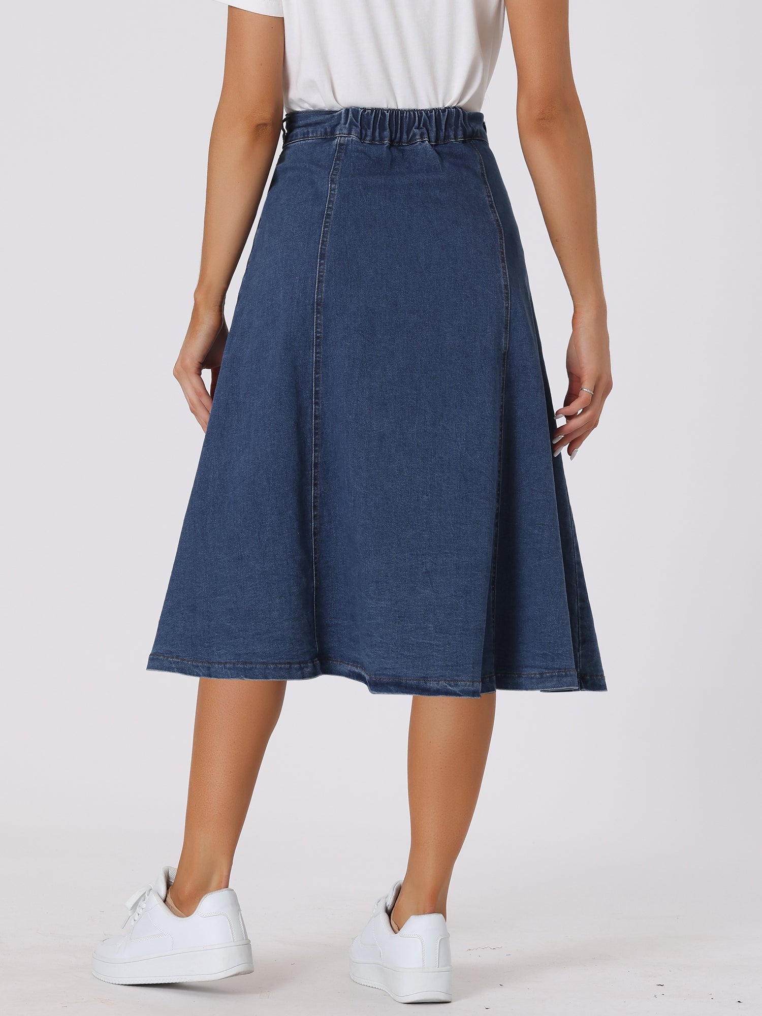 Stretchy High Waist Buttons Front A-Line Flowy Pockets Midi Skirt