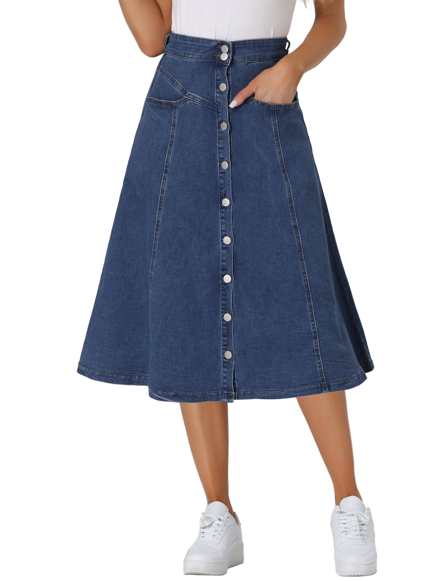 Stretchy High Waist Buttons Front A-Line Flowy Pockets Midi Skirt