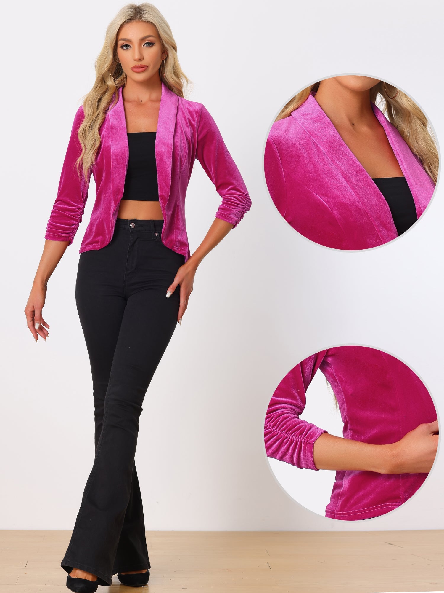 Lapel Collar Velvet Solid Office Work Open Front Blazer