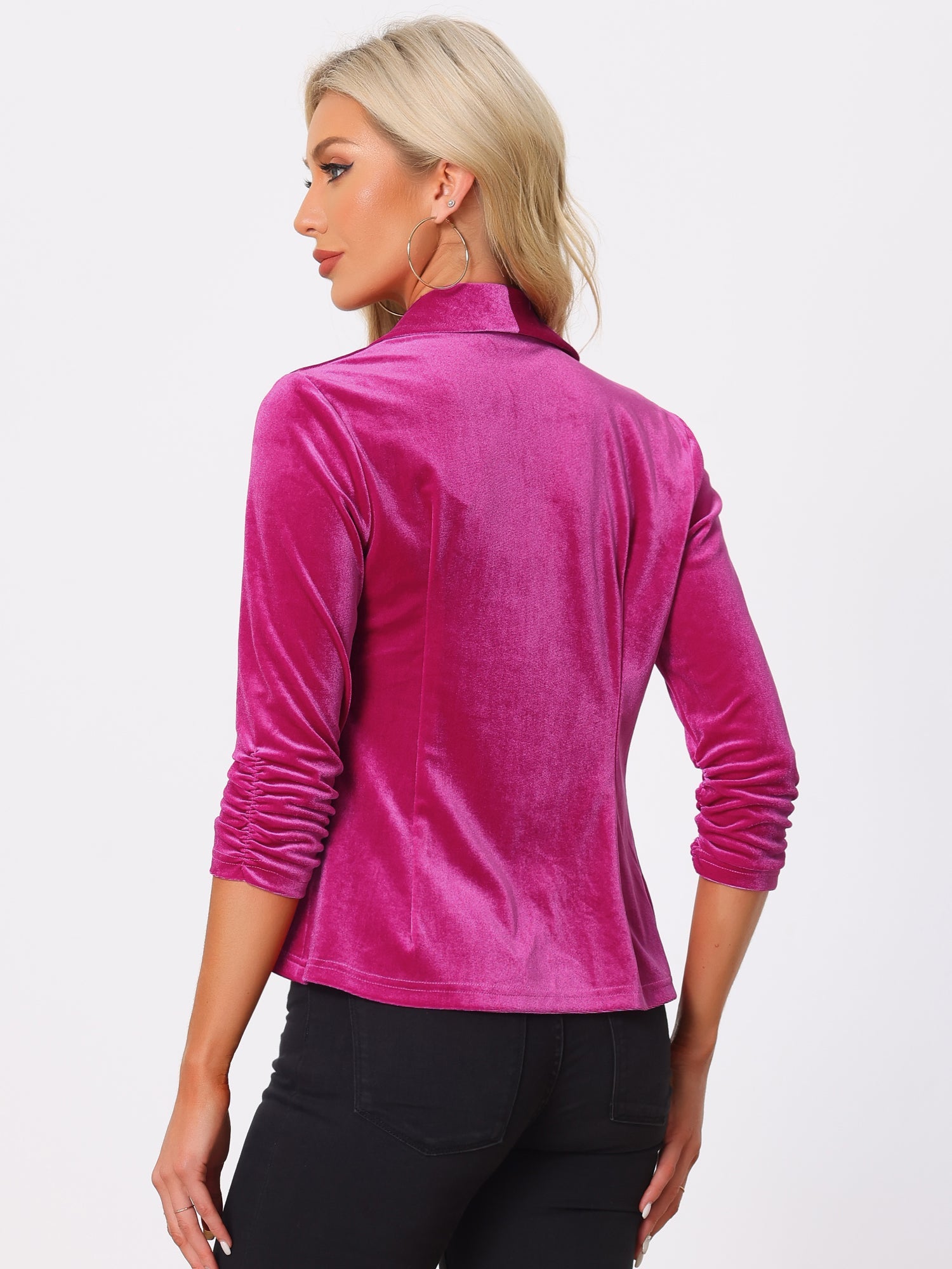 Lapel Collar Velvet Solid Office Work Open Front Blazer