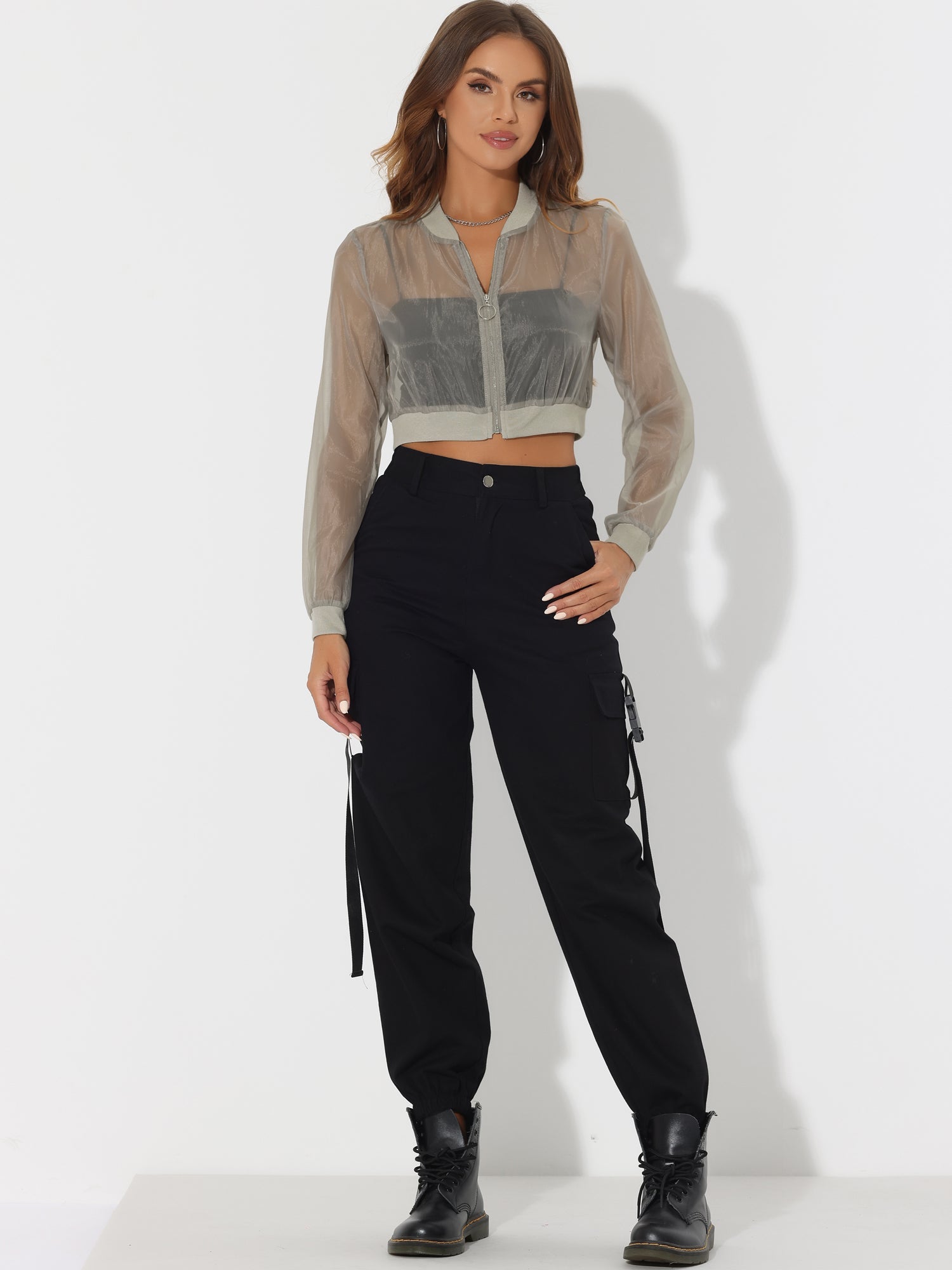Bomber Long Sleeve Crop Mesh Sheer Zip Up Jackets