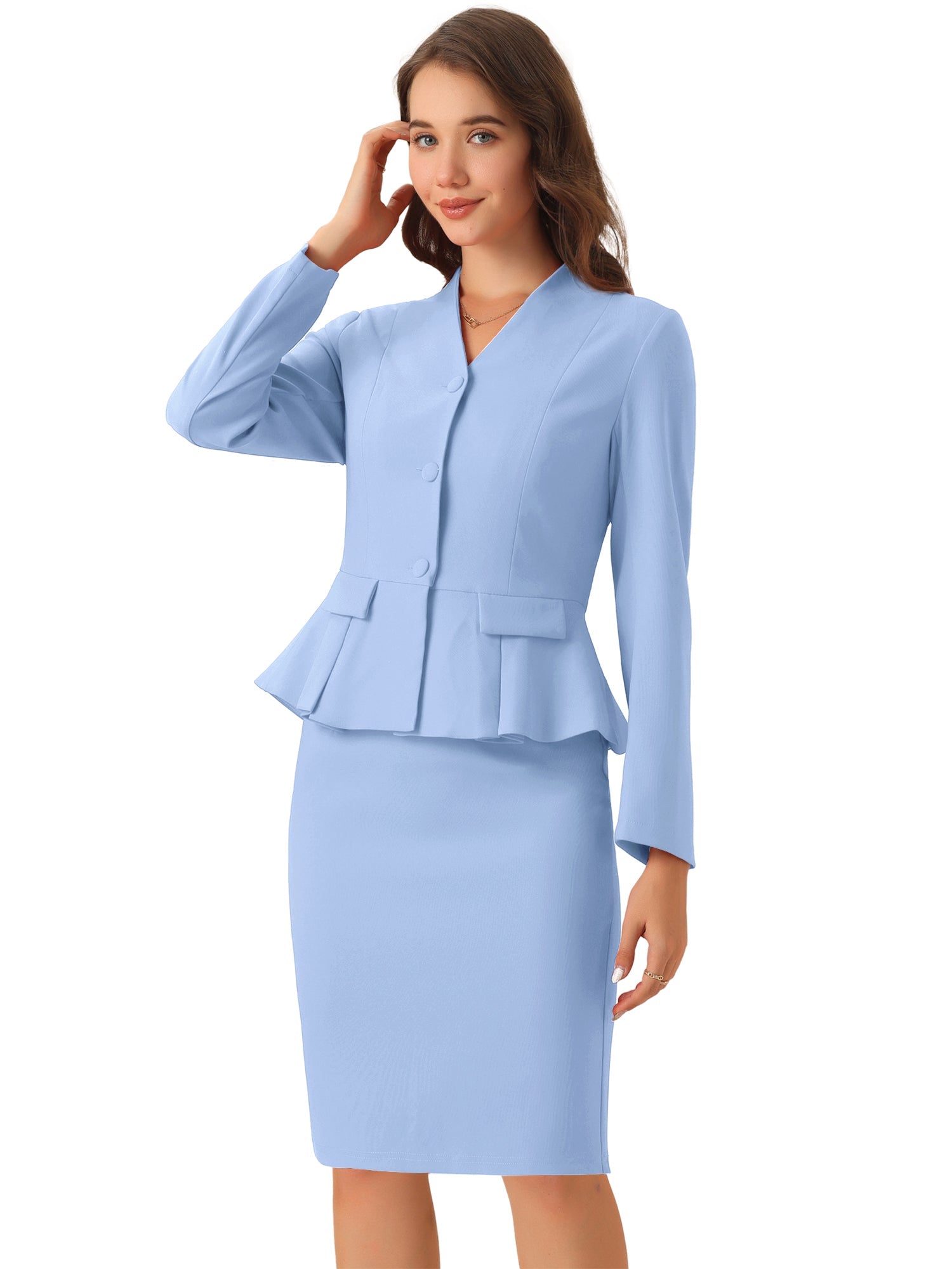 2 Piece Long Sleeve Collarless Peplum Blazer and Pencil Skirt Work Suit Set