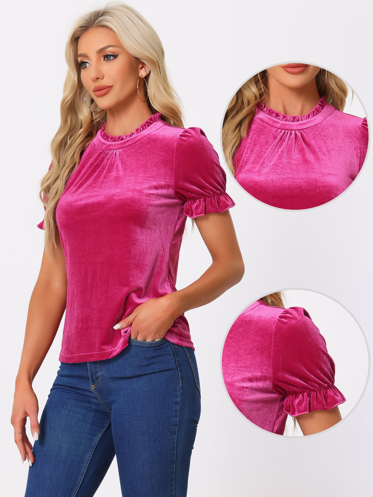 Ruffle Collar Short Cuff Sleeve Velvet Tops Blouse