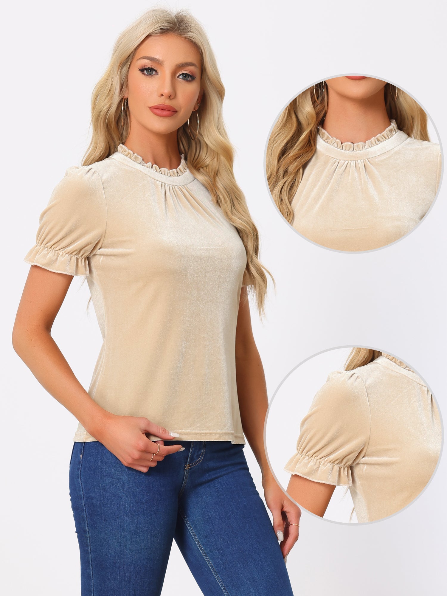 Ruffle Collar Short Cuff Sleeve Velvet Tops Blouse