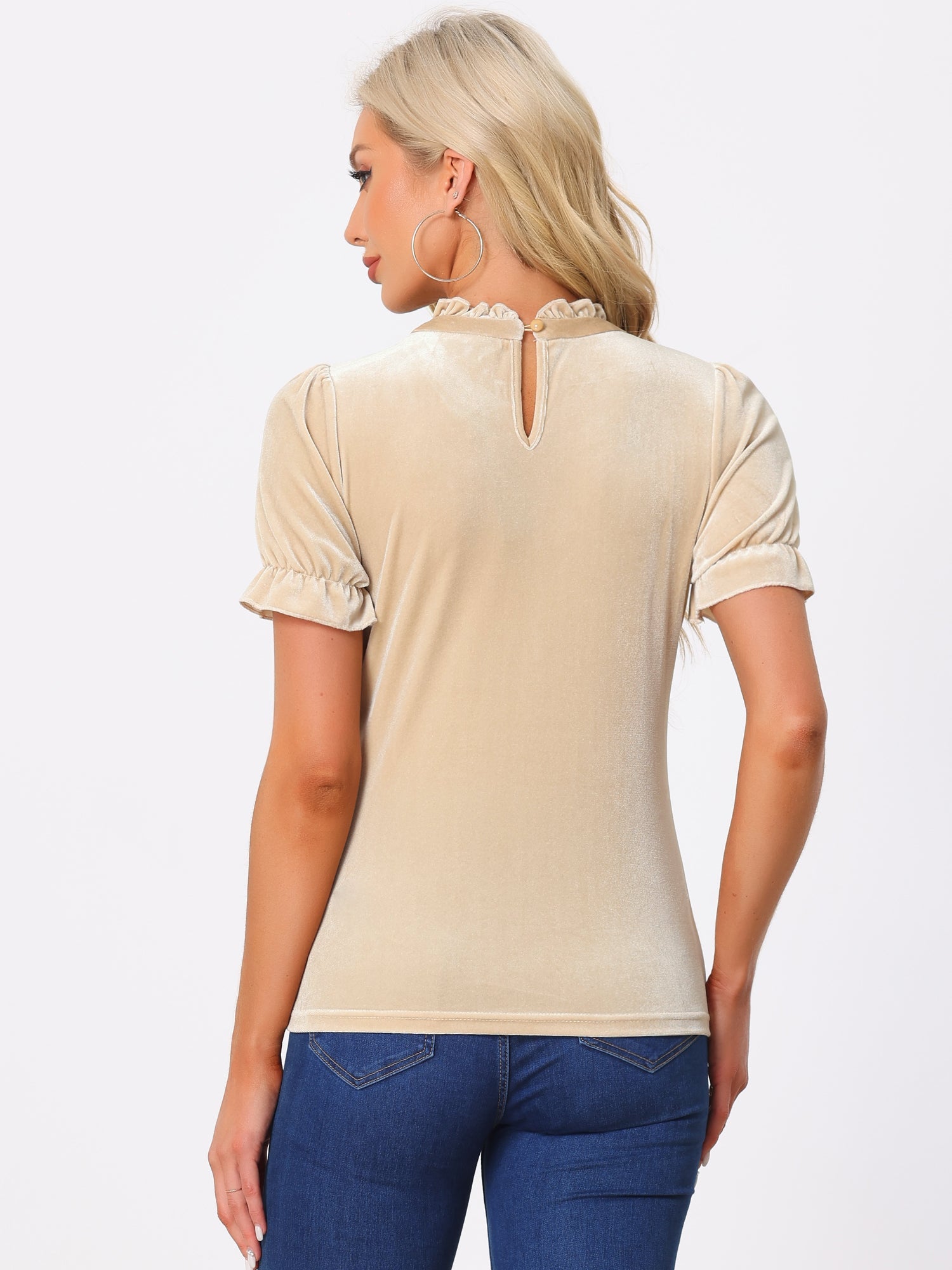 Ruffle Collar Short Cuff Sleeve Velvet Tops Blouse