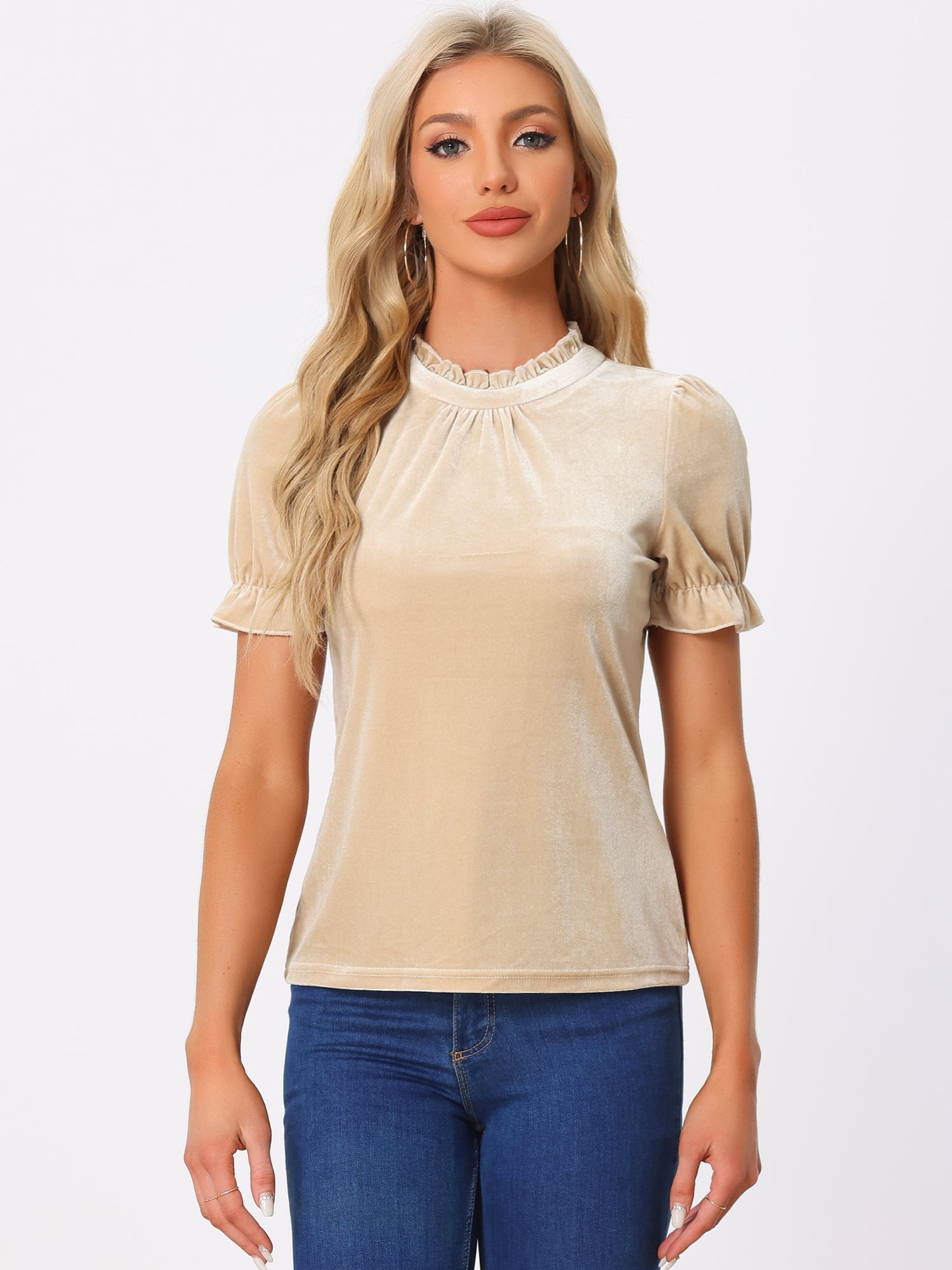 Ruffle Collar Short Cuff Sleeve Velvet Tops Blouse