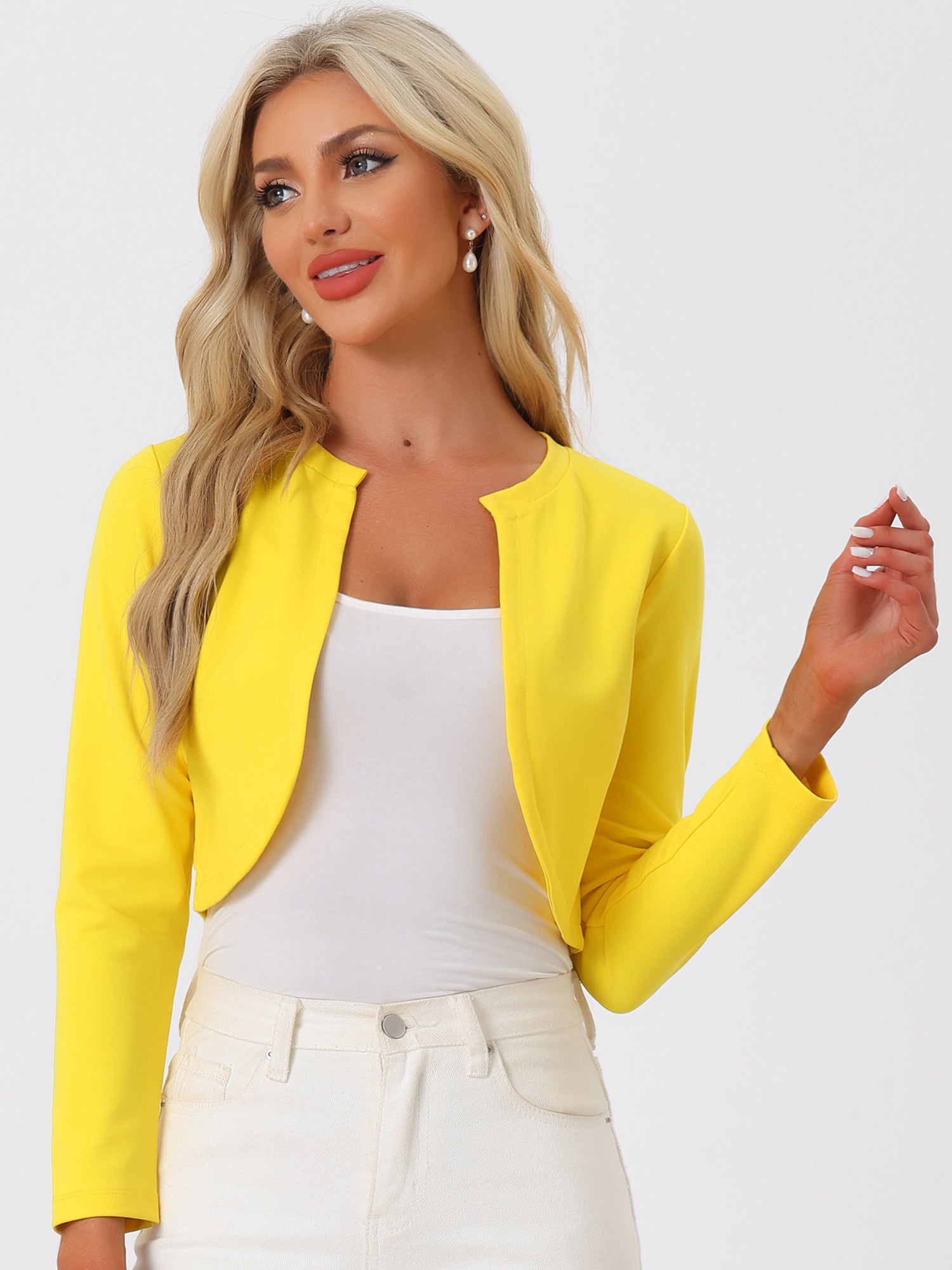 Curved Hem Long Sleeves Open Front Cropped Jacket Bolero Shrug