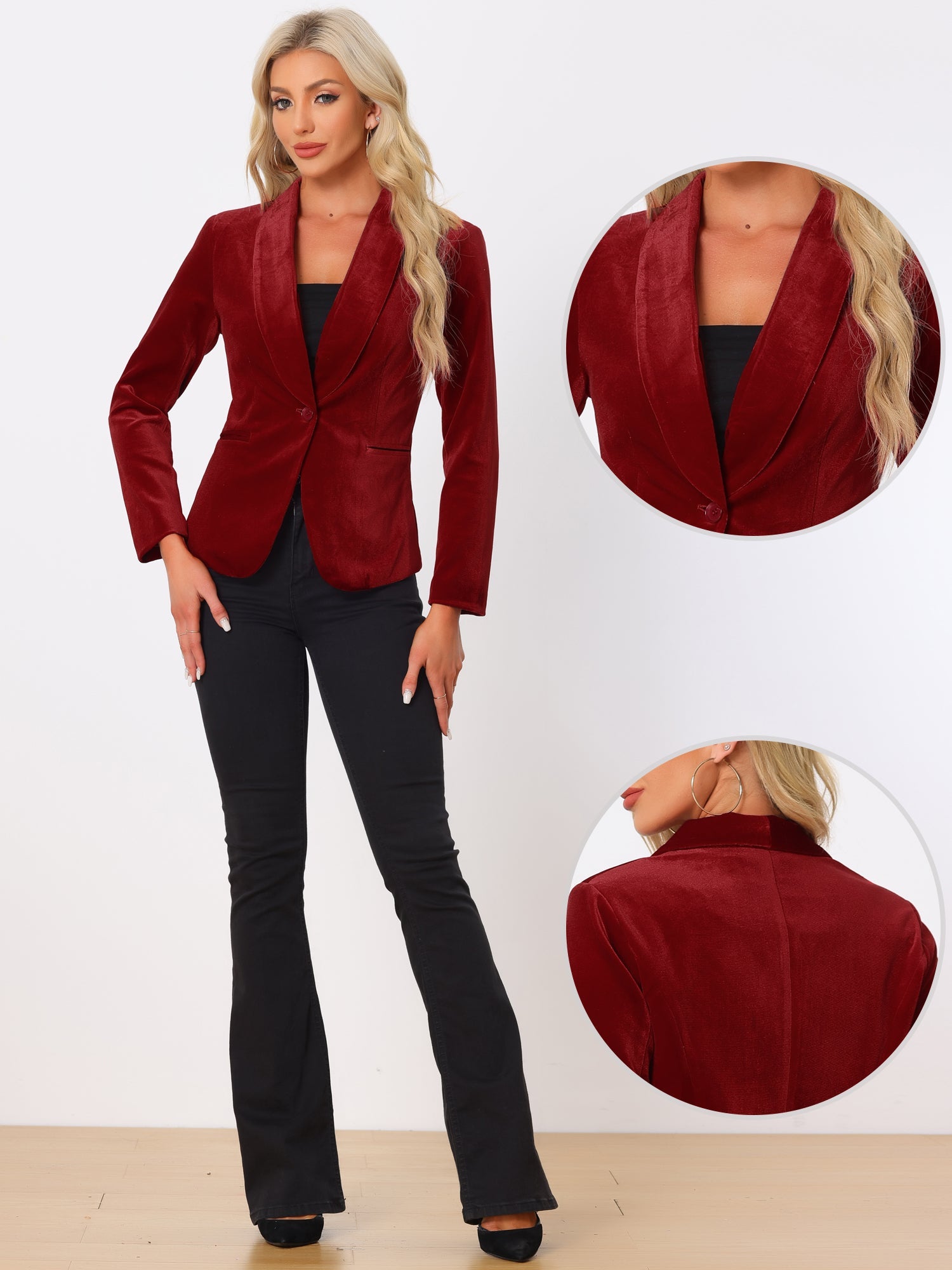 Shawl Collar Single Button Velvet Solid Office Work Jacket Blazer