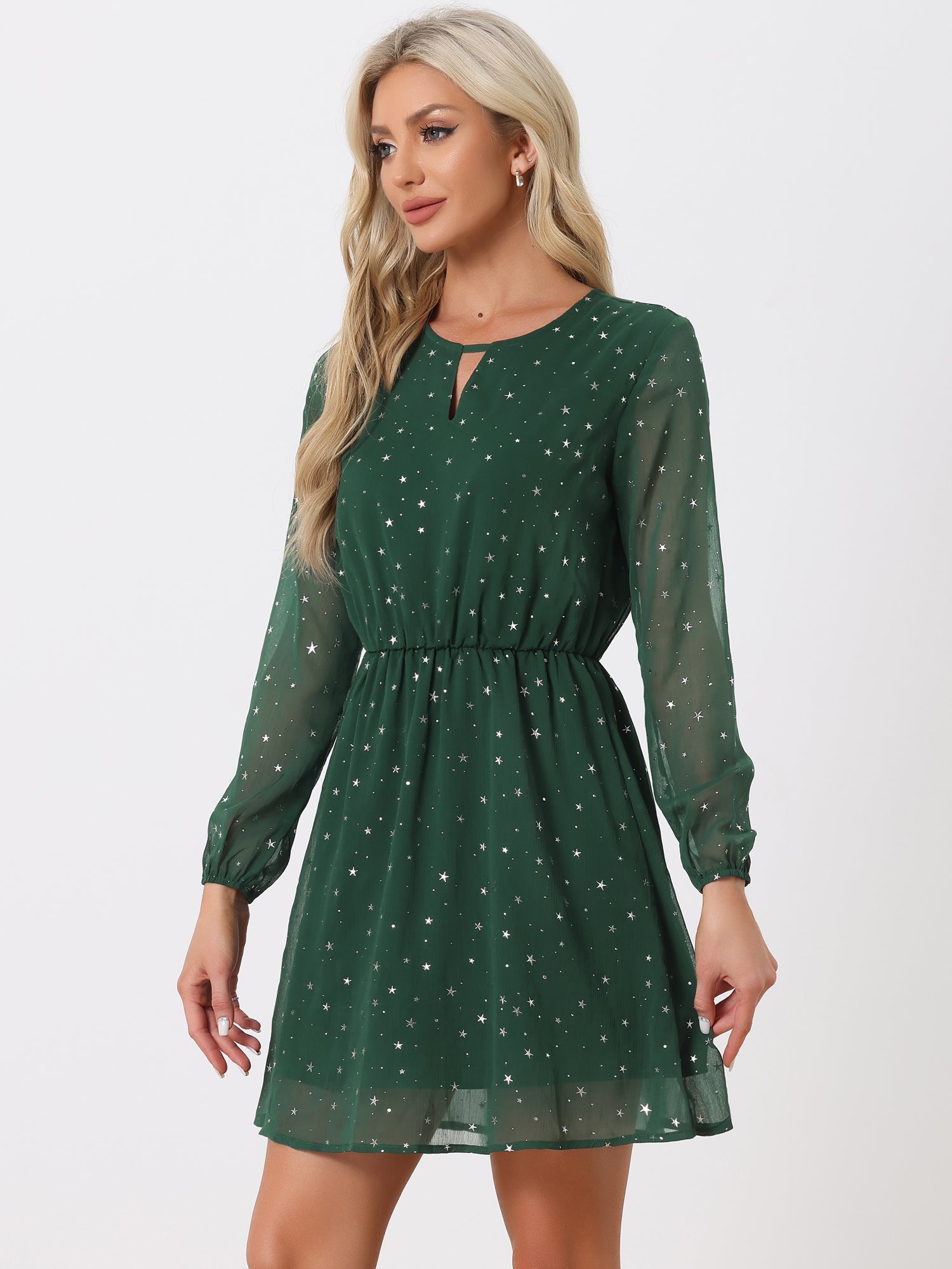 Choker V Neck Flared Gilding Metallic Shiny Star A-Line Dress