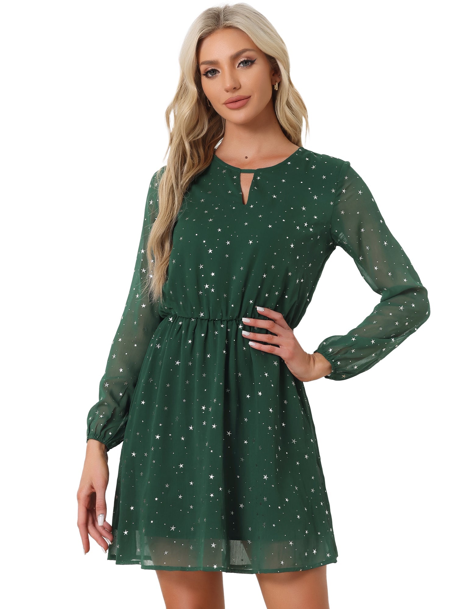 Choker V Neck Flared Gilding Metallic Shiny Star A-Line Dress