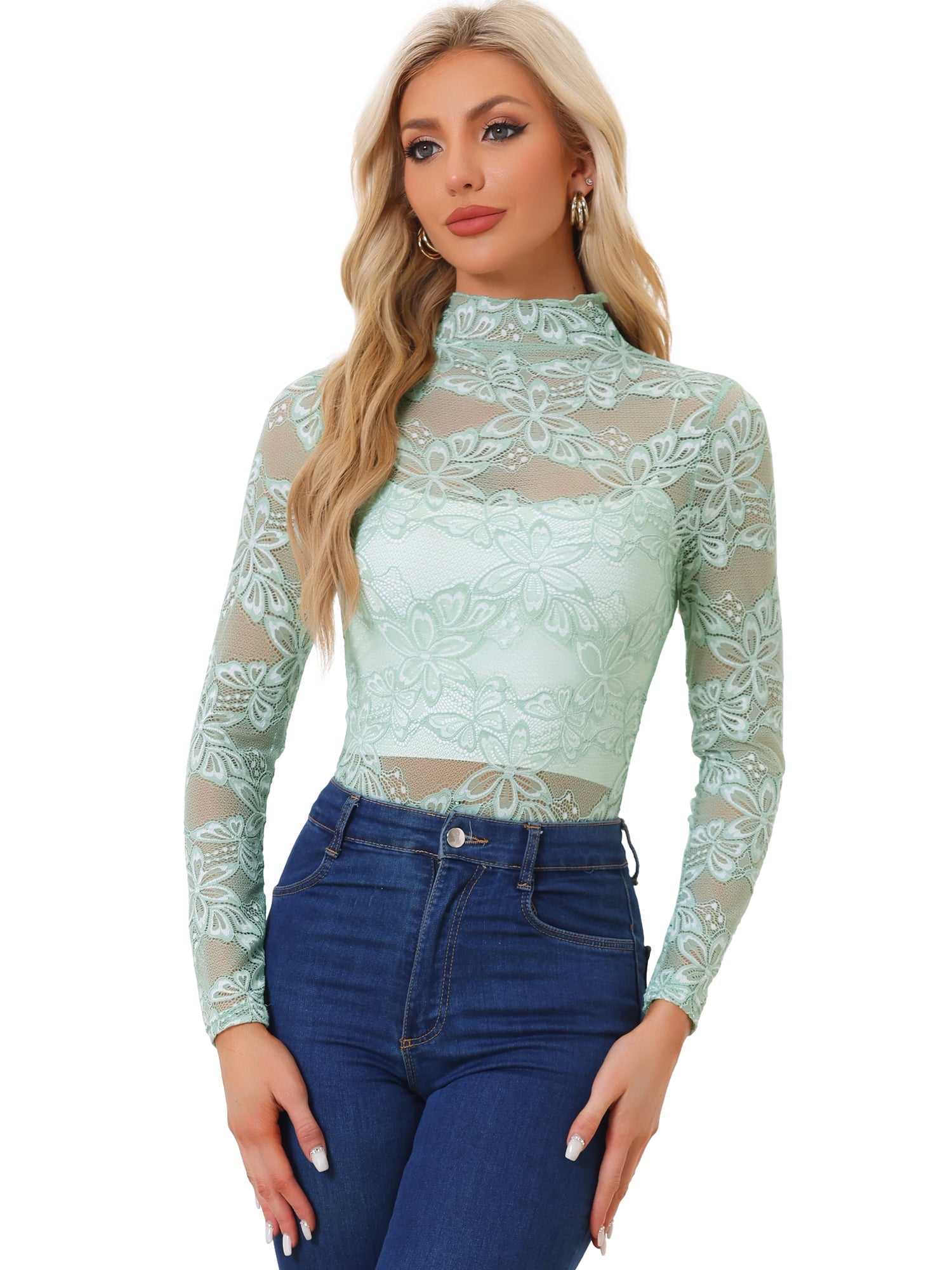 See Through Long Sleeve Turtleneck Sheer Floral Lace Blouse