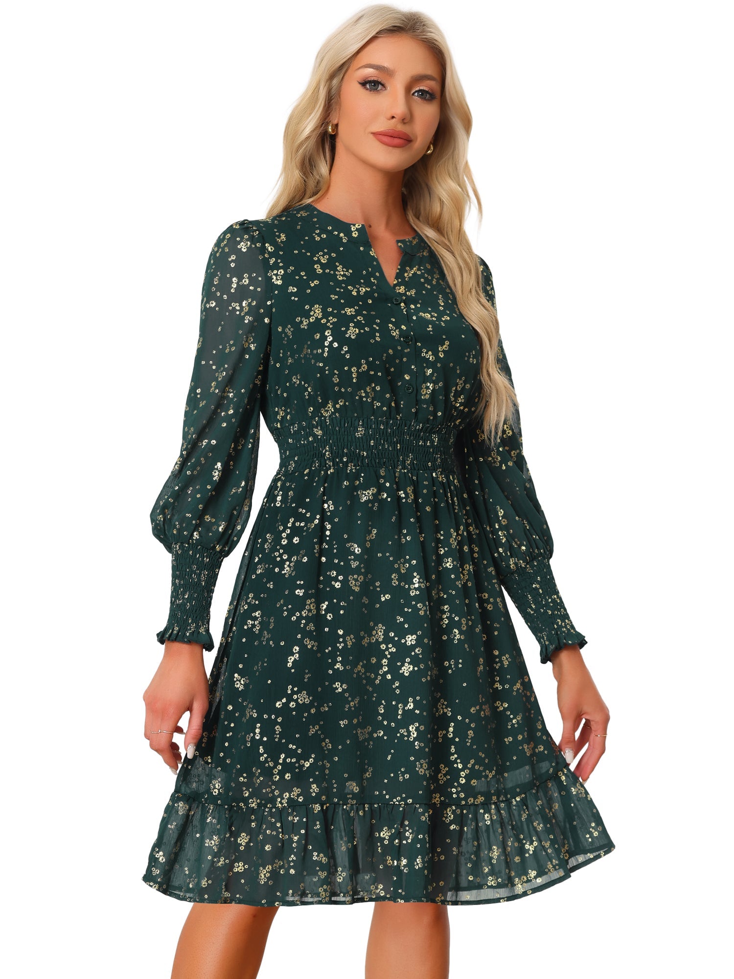 Metallic Star V Neck Button Up Smocked Chiffon Dress