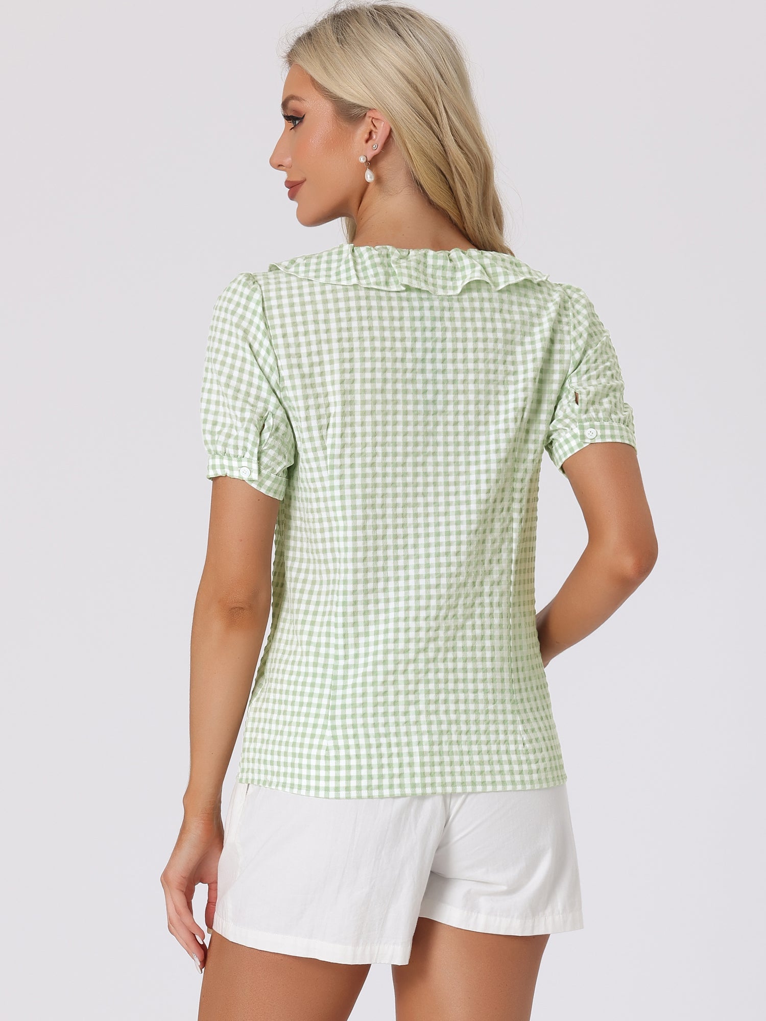 Plaid Blouse Puff Sleeve Ruffle Peter Pan Collar Shirt Top