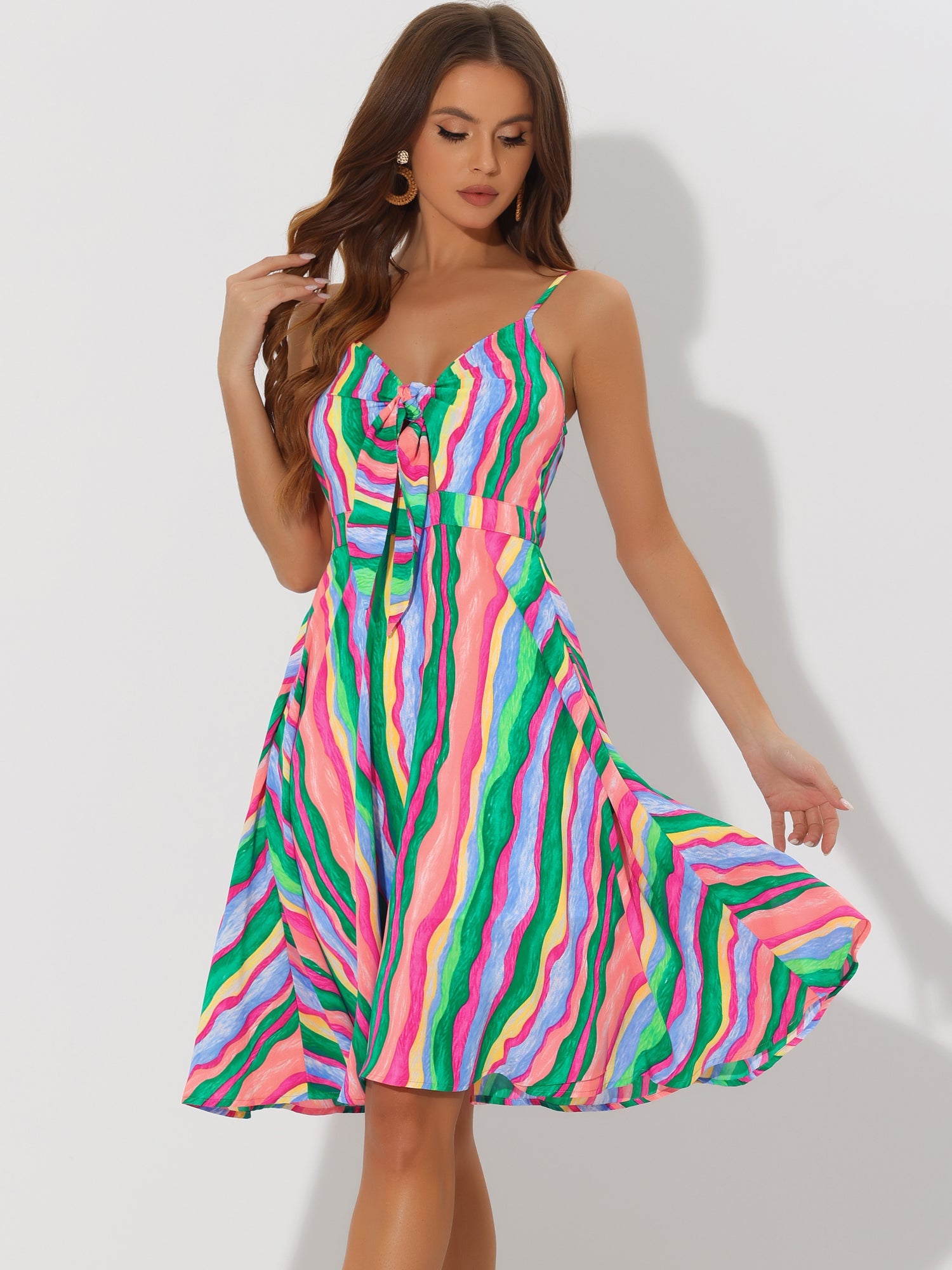 Summer Casual Beach V Neck Tie Front Rainbow Spaghetti Strap Dress