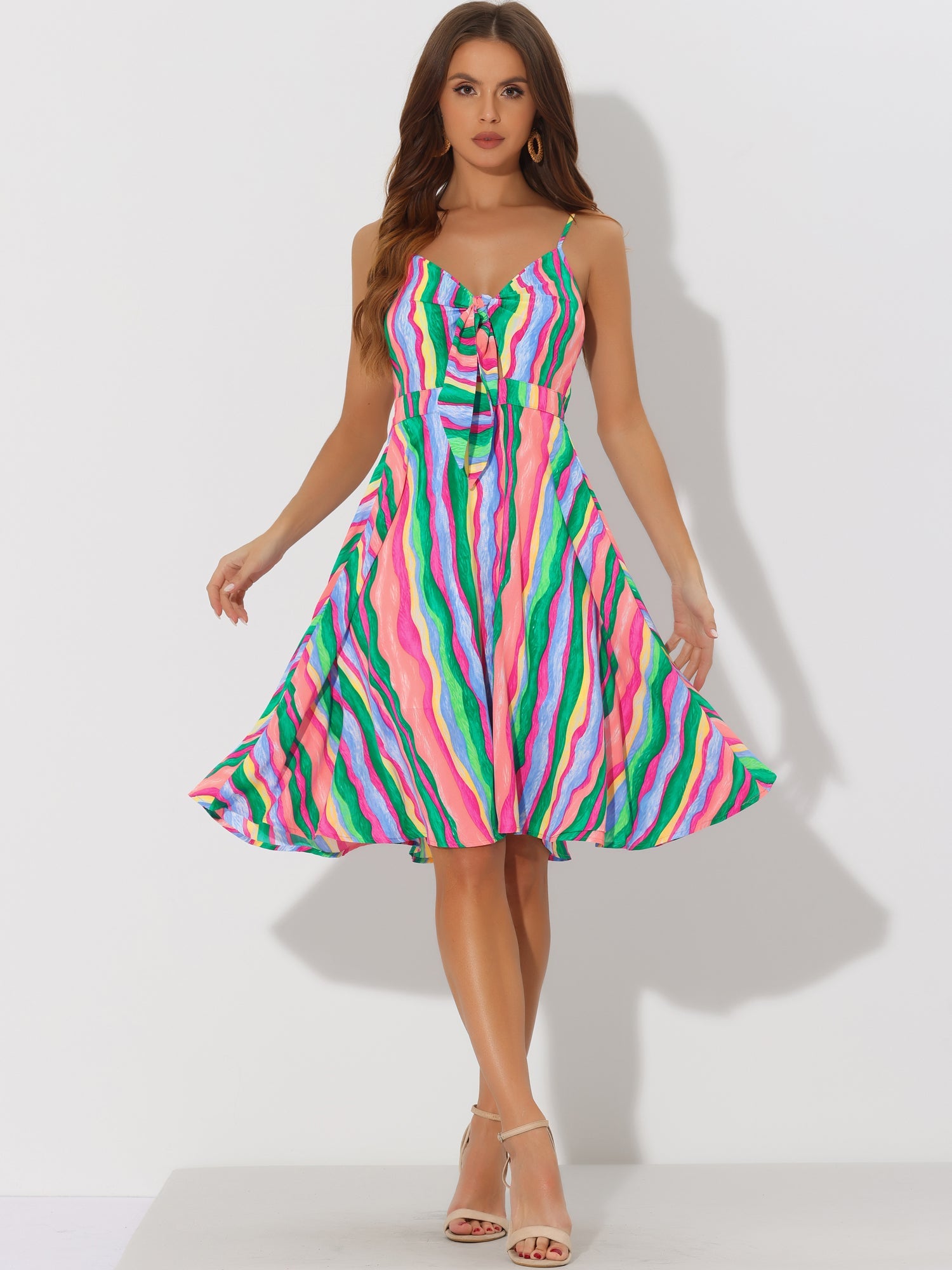 Summer Casual Beach V Neck Tie Front Rainbow Spaghetti Strap Dress