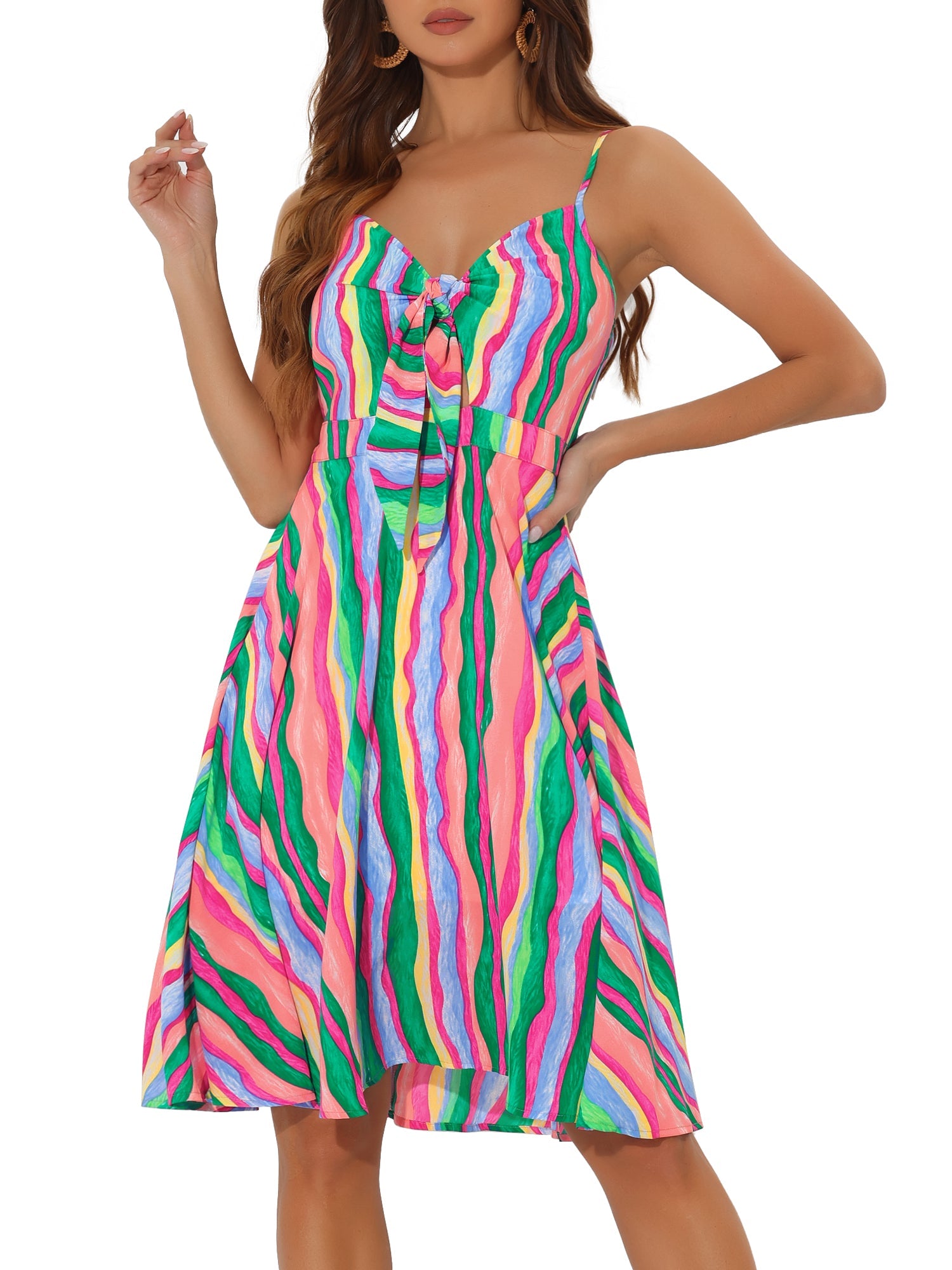Summer Casual Beach V Neck Tie Front Rainbow Spaghetti Strap Dress