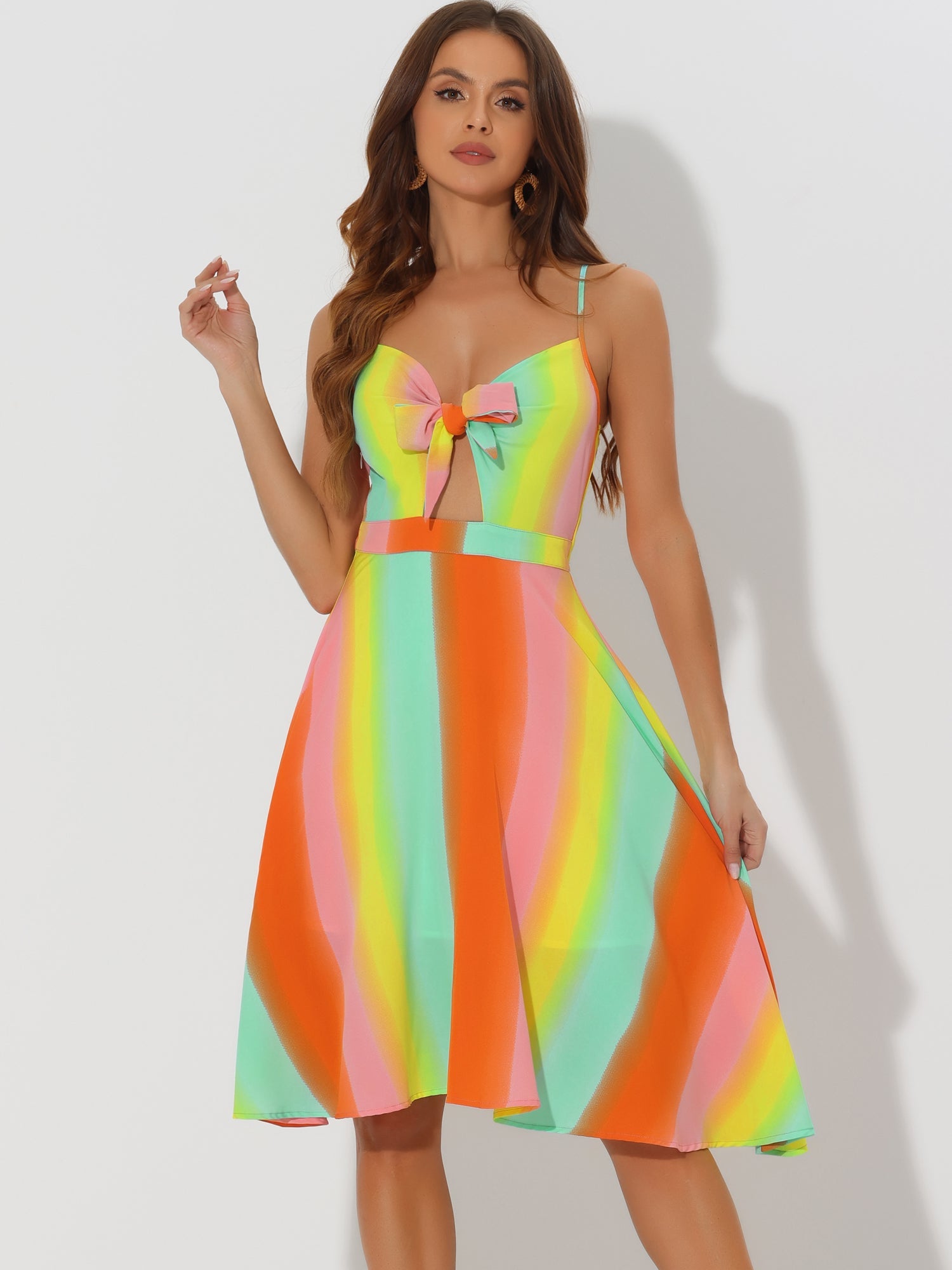 Summer Casual Beach V Neck Tie Front Rainbow Spaghetti Strap Dress