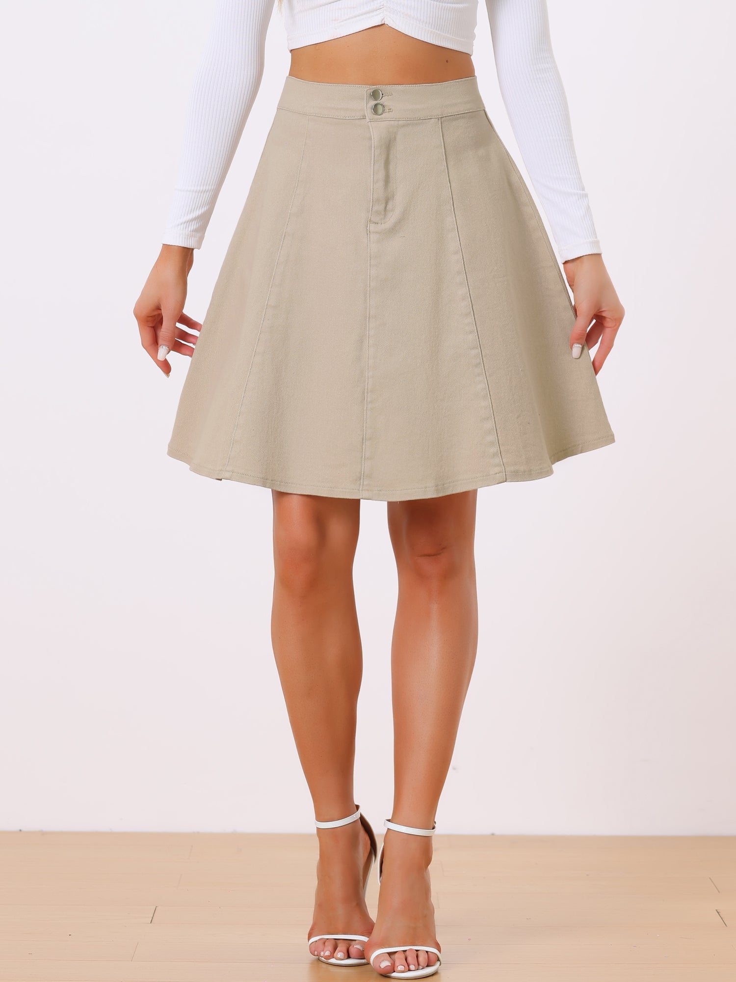 High Waisted A-Line Flared Casual Denim Midi Jean Skirt