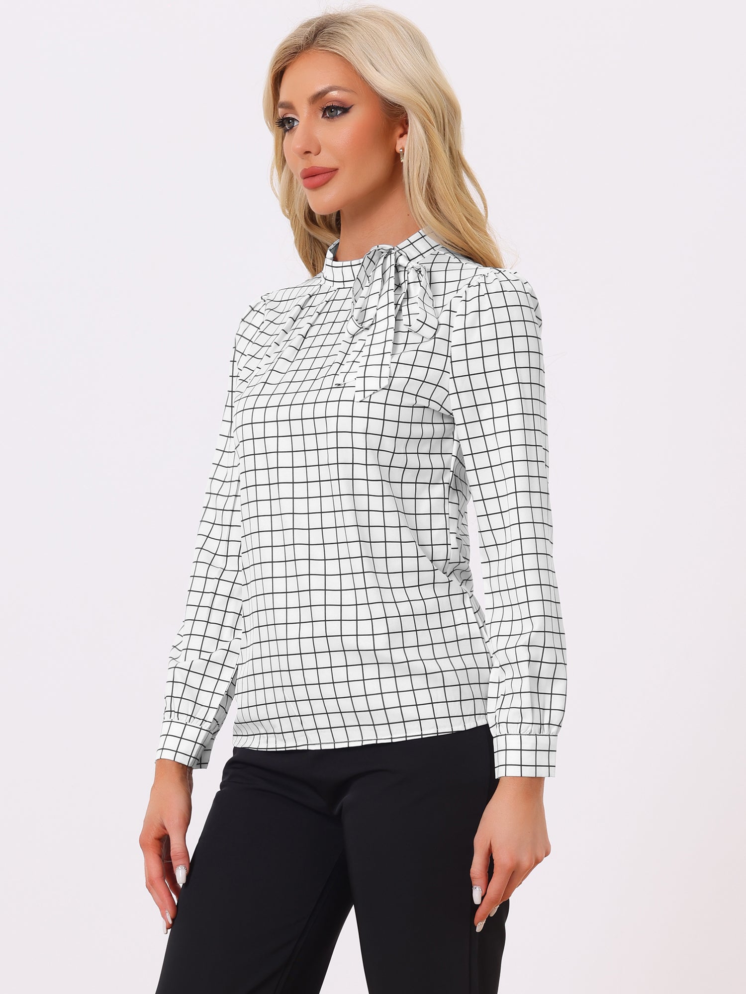 Bow Tie Neck Grid Checks Shirt Office Work Tops Blouse