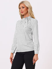 Bow Tie Neck Grid Checks Shirt Office Work Tops Blouse