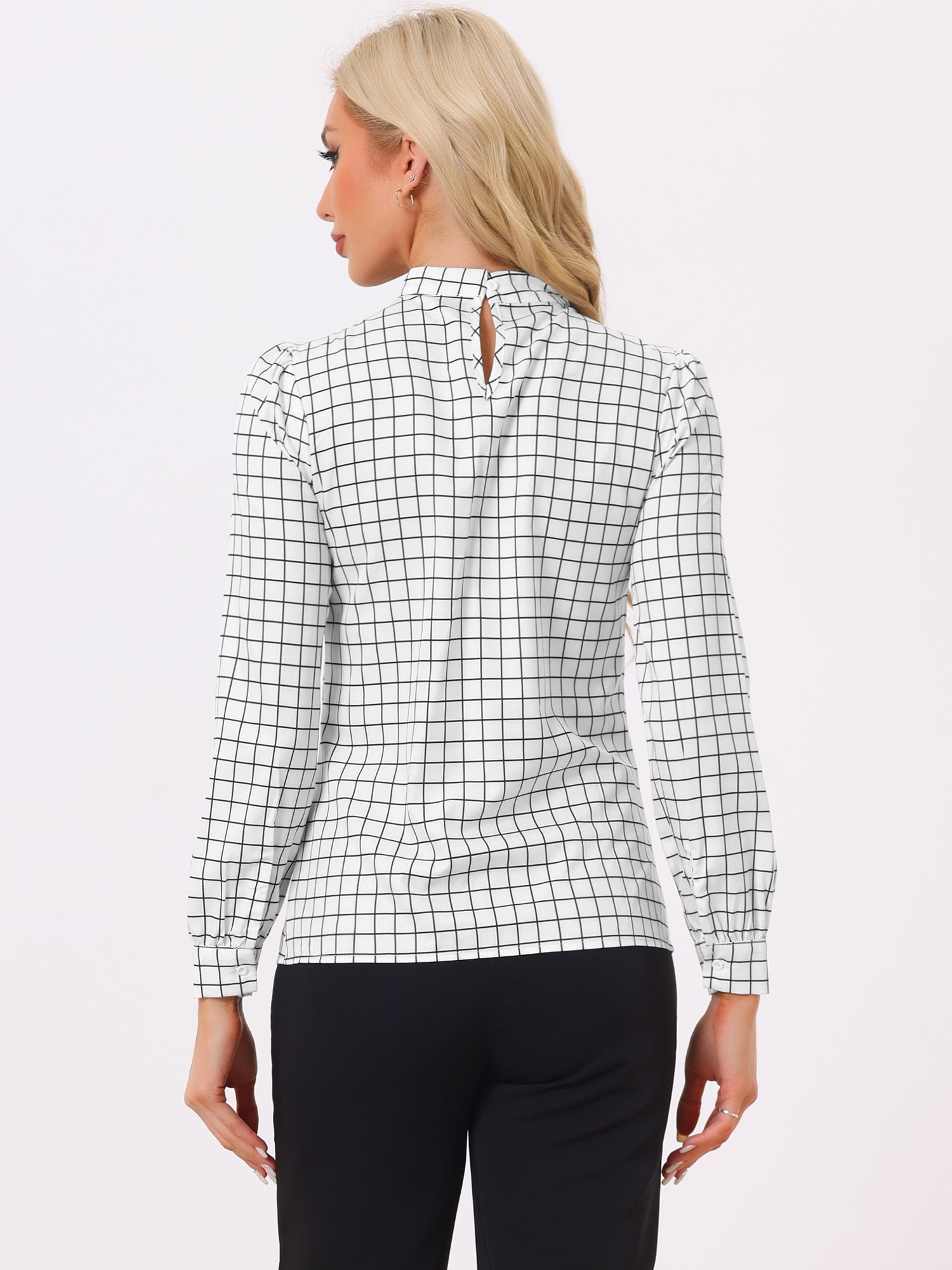 Bow Tie Neck Grid Checks Shirt Office Work Tops Blouse