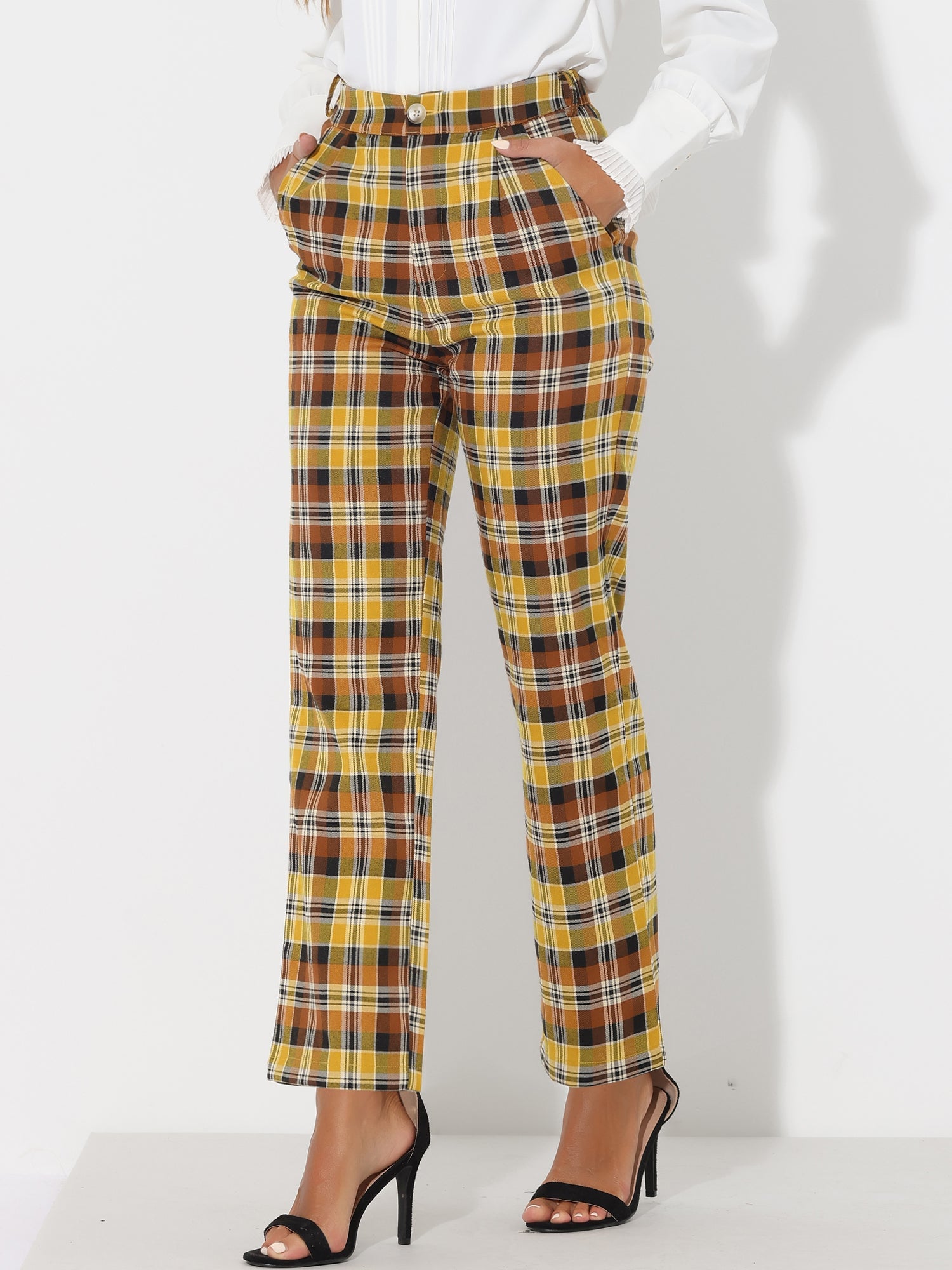 Plaid Elastic Waist Casual Work Office Long Pants